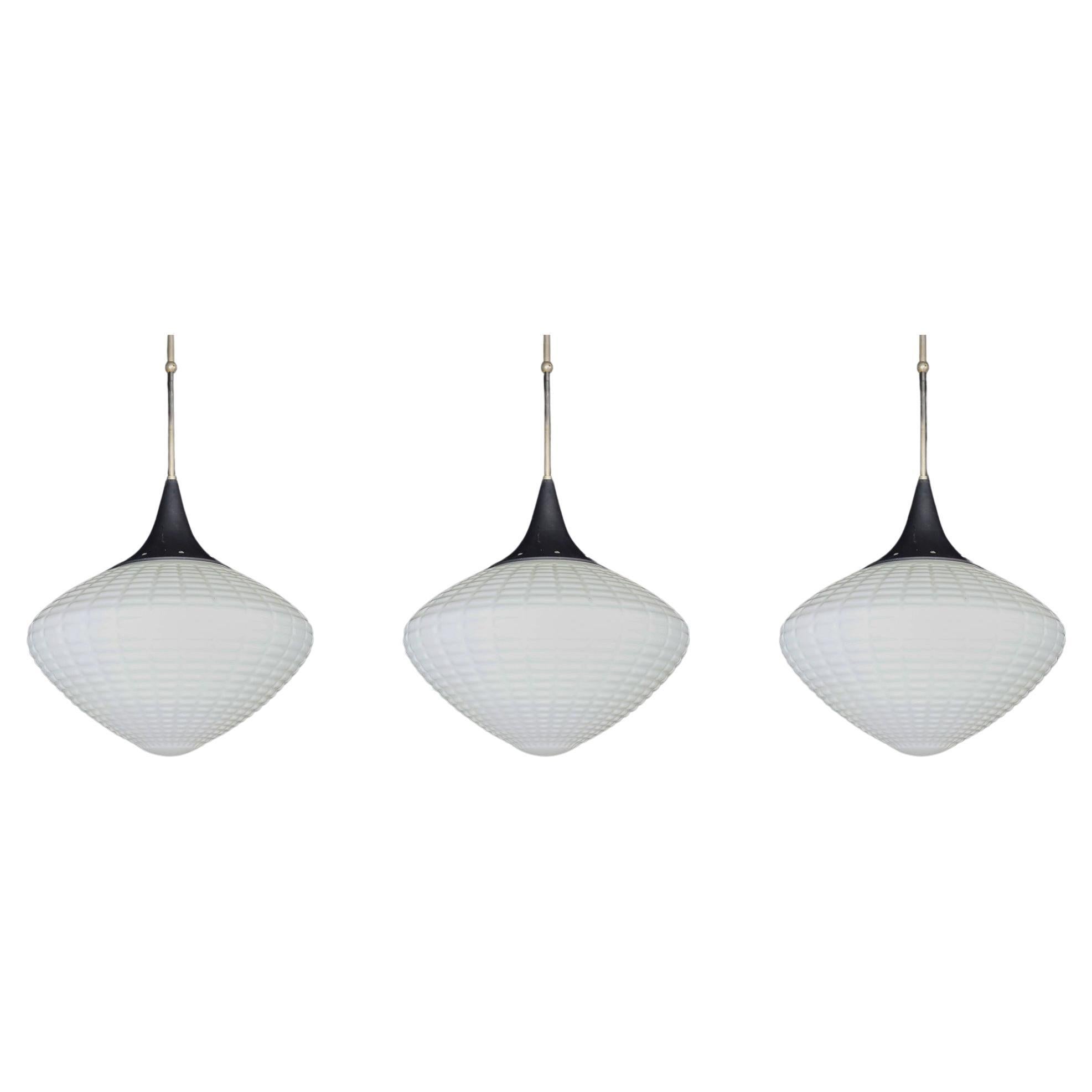 Large Midcentury Pendants, Structured Opaline Glass, Europe, 1950s  