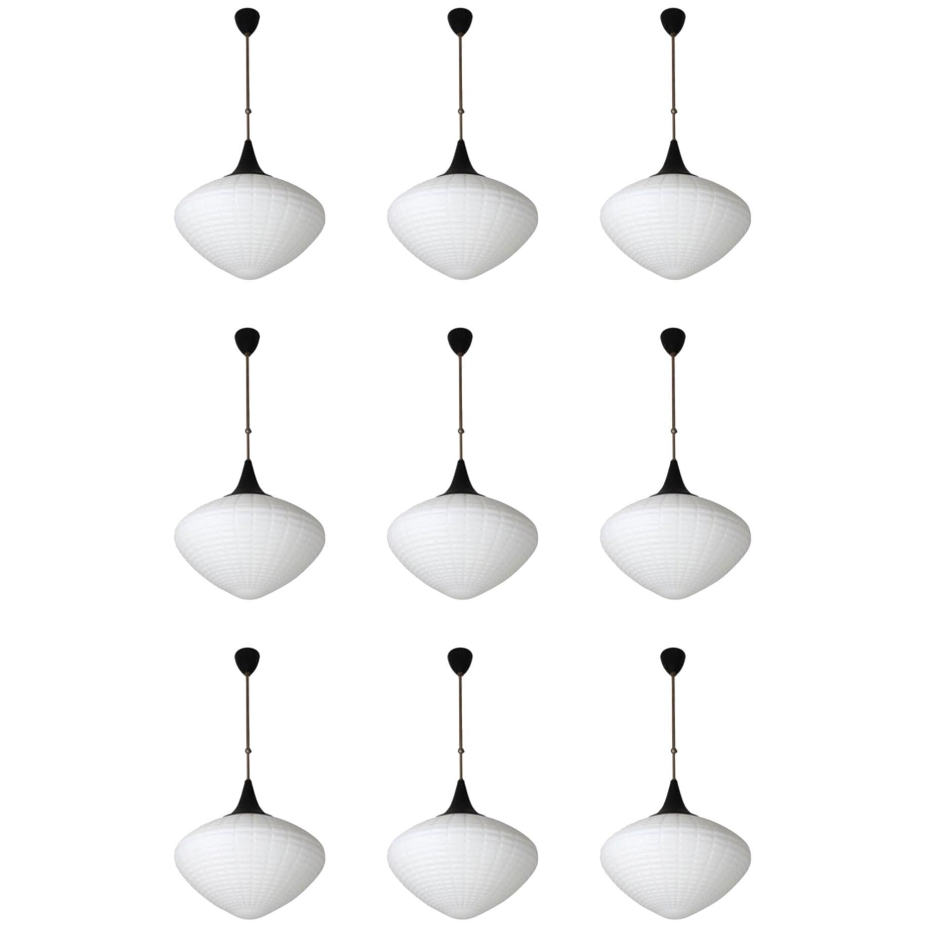 Large Midcentury Pendants, Structured Opaline Glass, Europe, 1960s For Sale