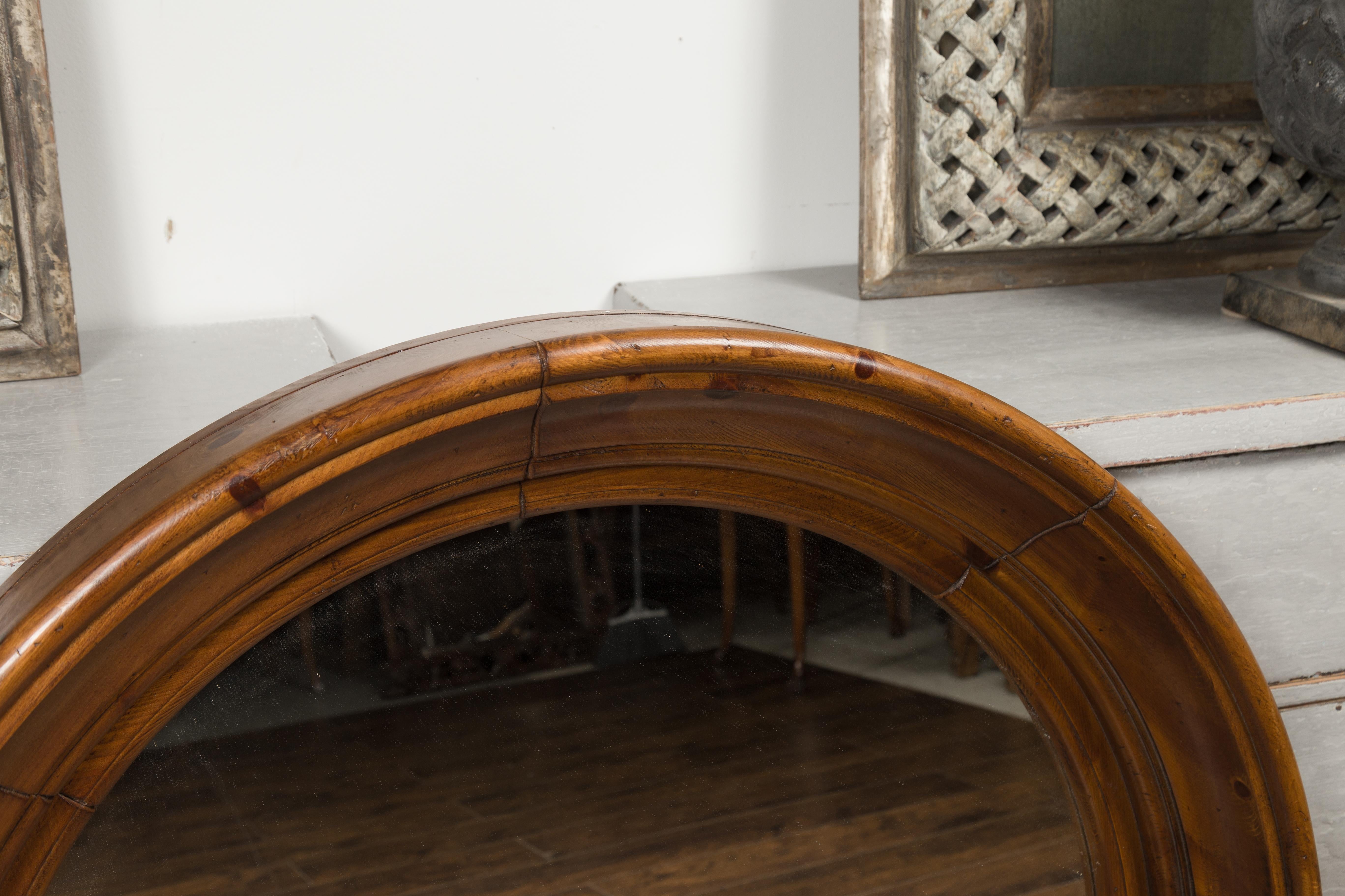 American Large Midcentury Pine Bullseye Mirror with Brown Patina and Molded Accents