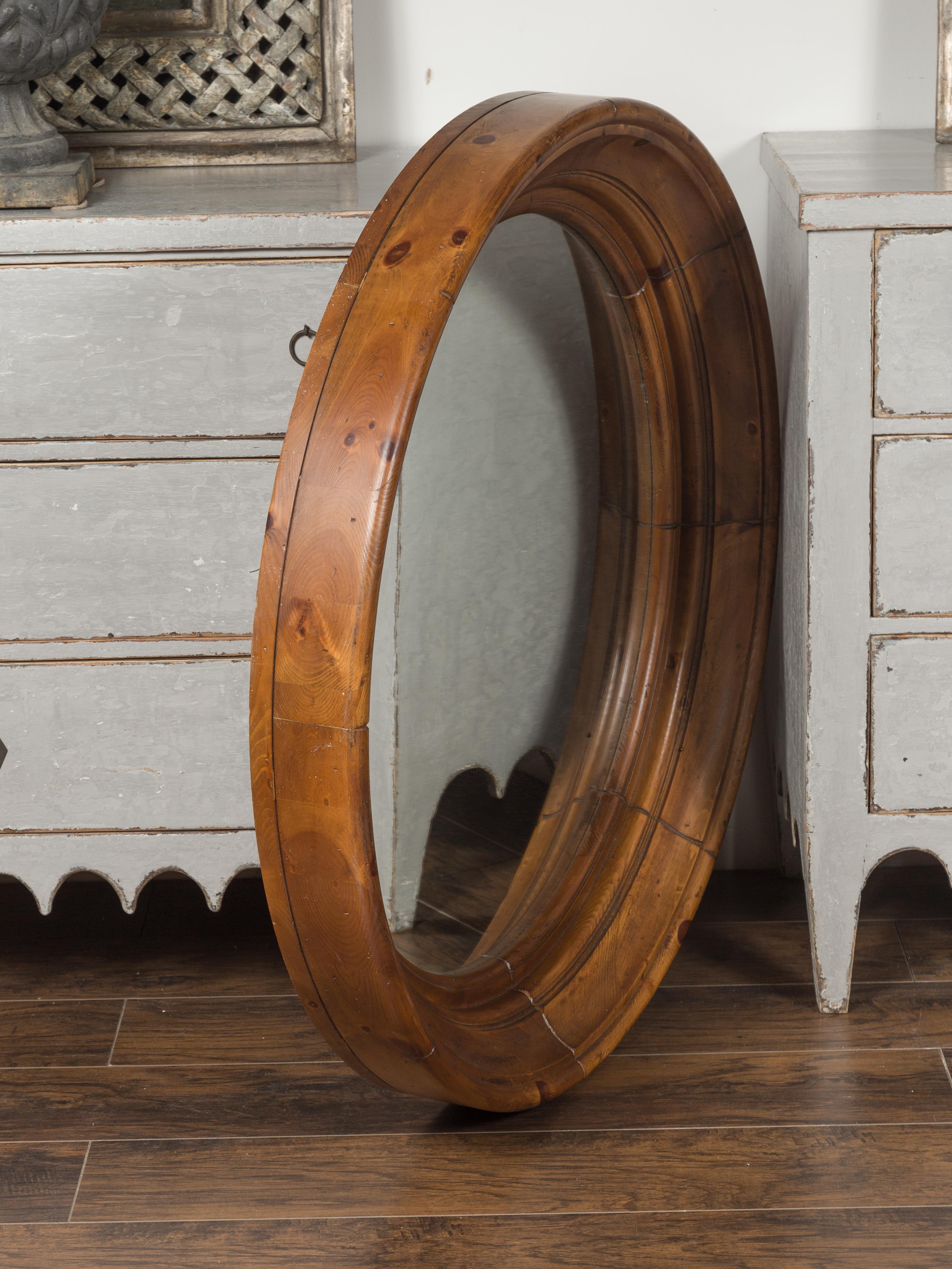 Large Midcentury Pine Bullseye Mirror with Brown Patina and Molded Accents 1
