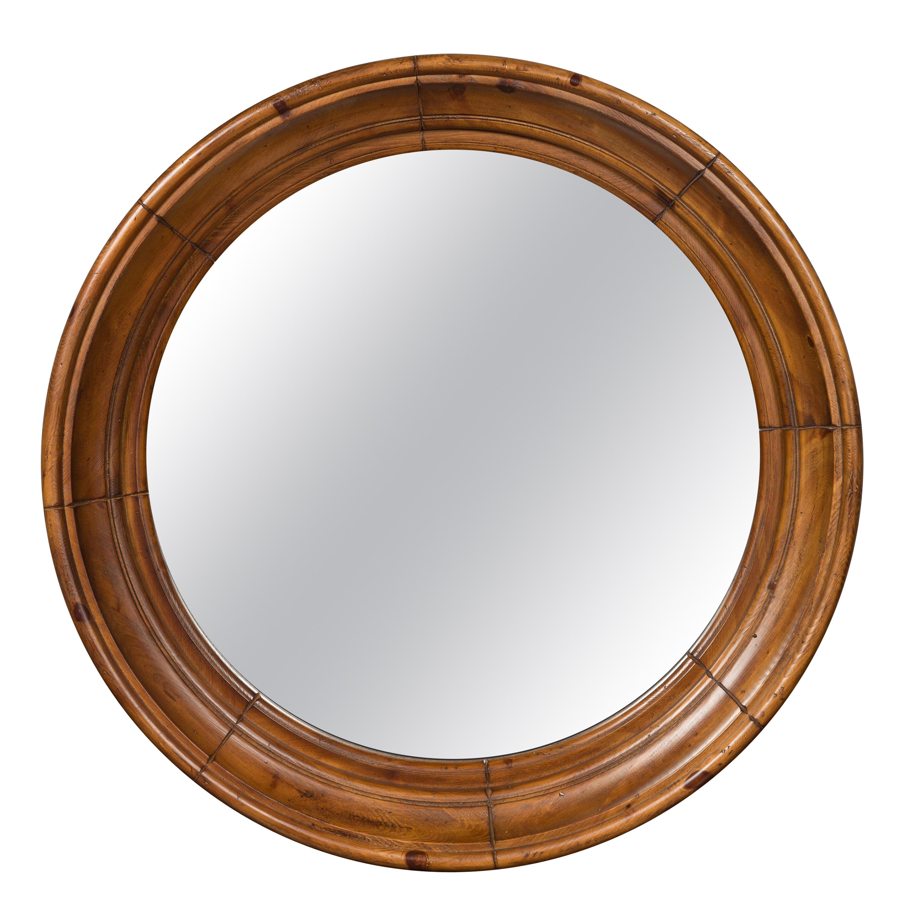 Large Midcentury Pine Bullseye Mirror with Brown Patina and Molded Accents