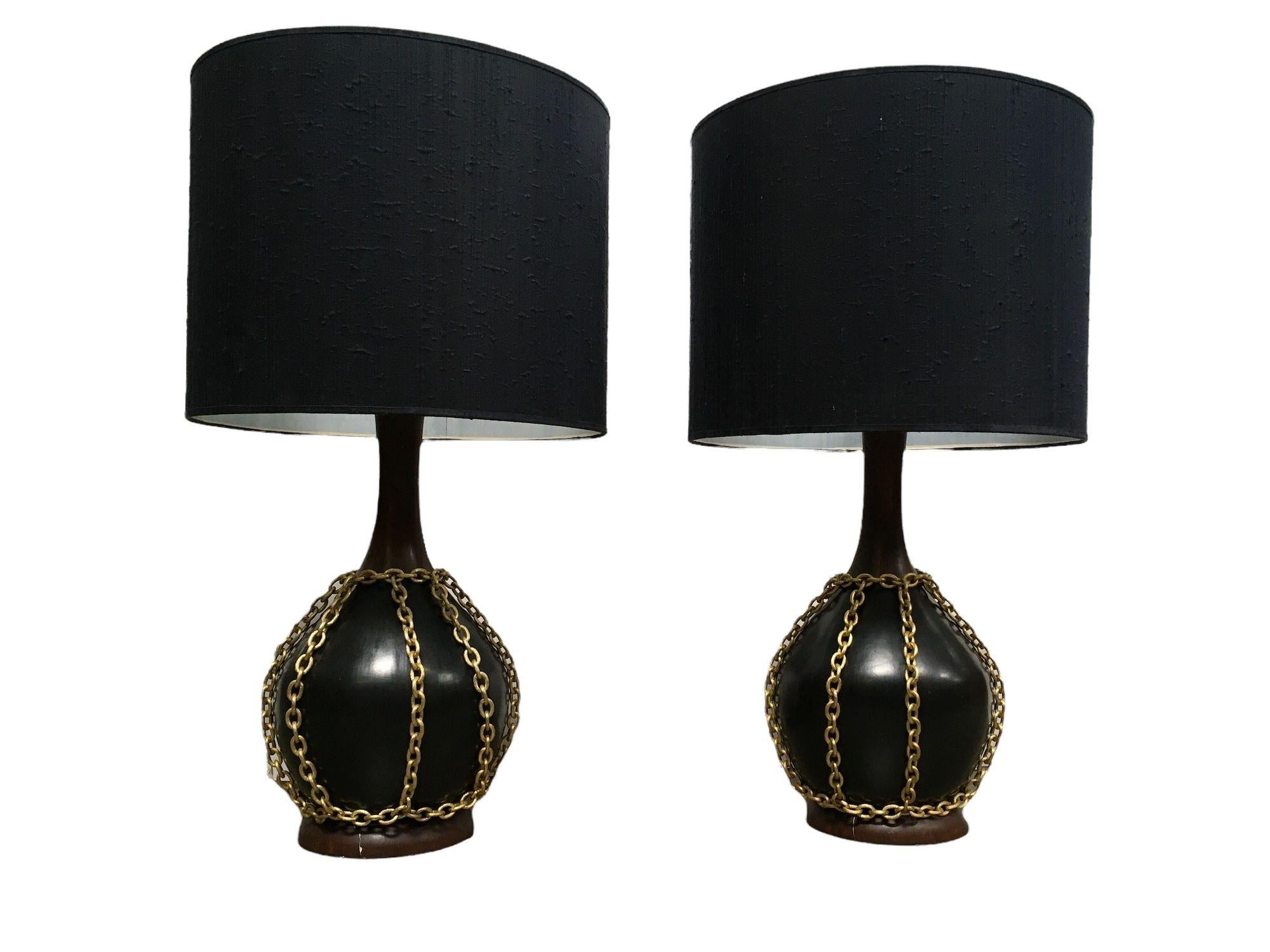 Large Midcentury Pottery Gold Tone Chain Lamps with Shade In Excellent Condition For Sale In Van Nuys, CA