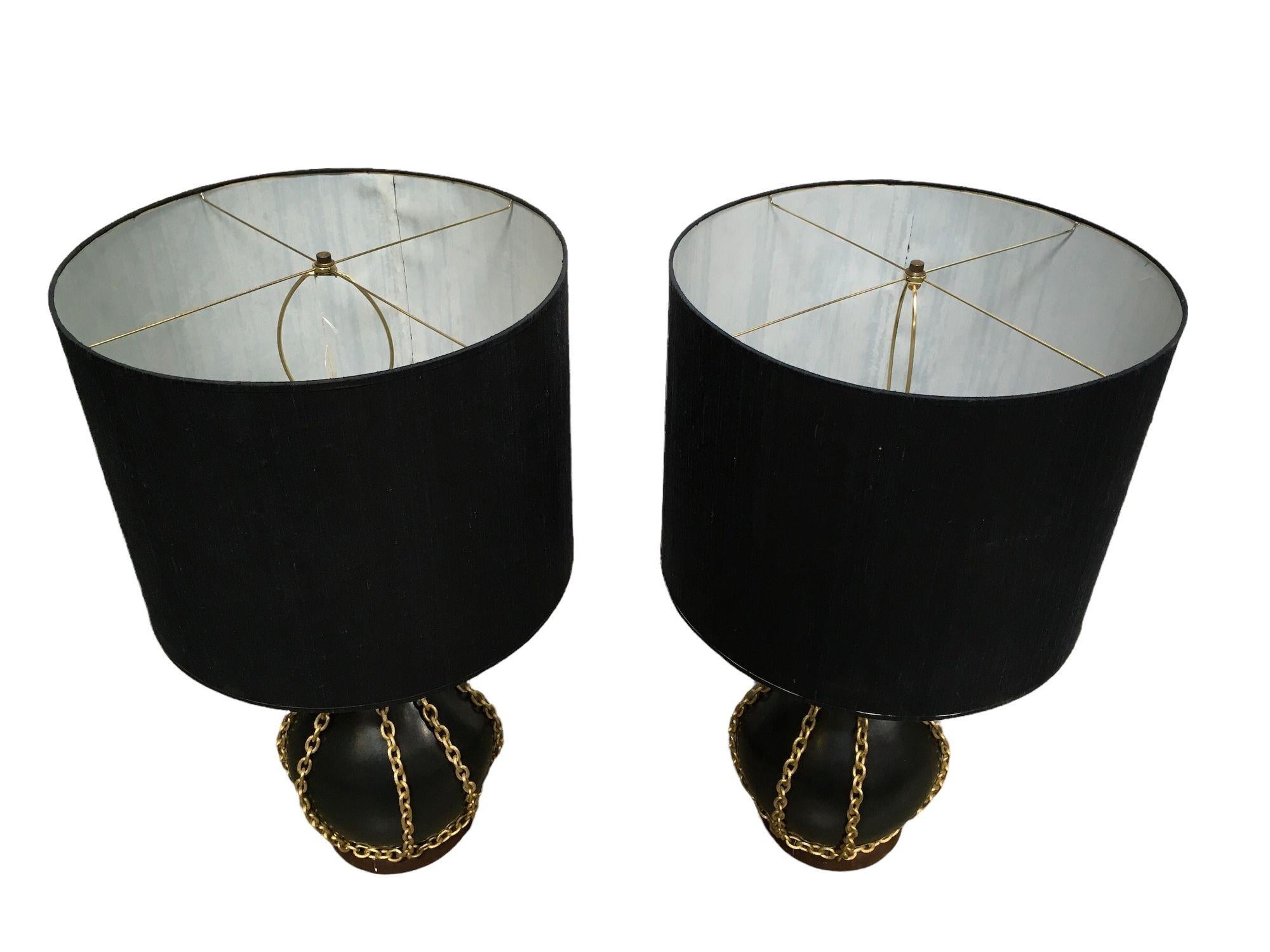 Mid-20th Century Large Midcentury Pottery Gold Tone Chain Lamps with Shade For Sale