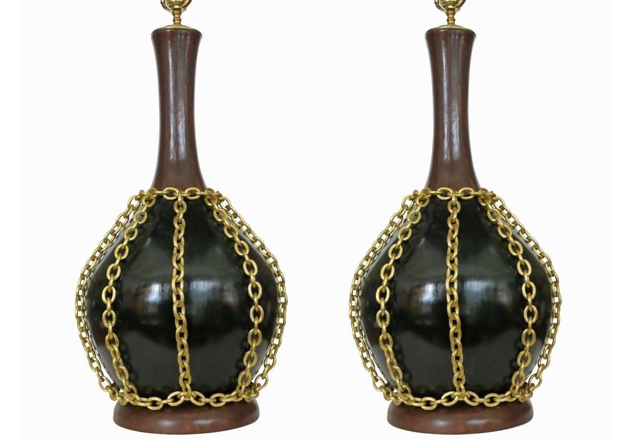 Ceramic Large Midcentury Pottery Gold Tone Chain Lamps with Shade For Sale