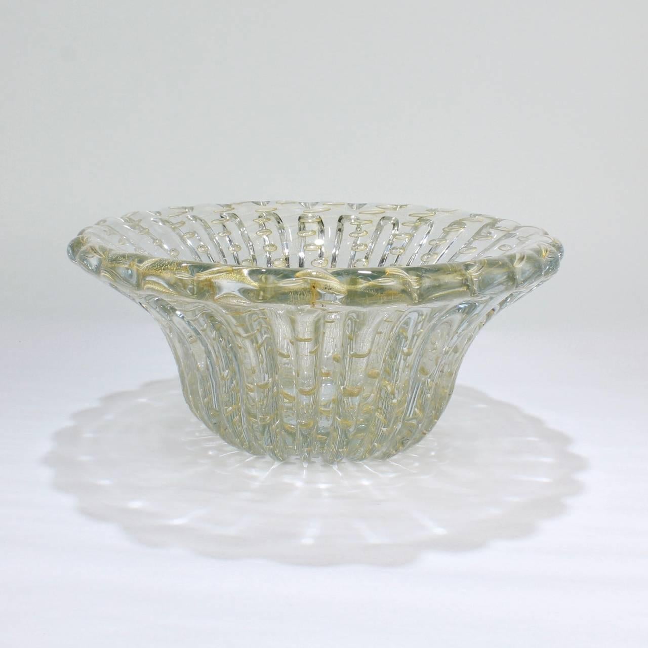 Large Midcentury Ribbed Barovier Bullicante Clear & Gold Murano Art Glass Bowl 3