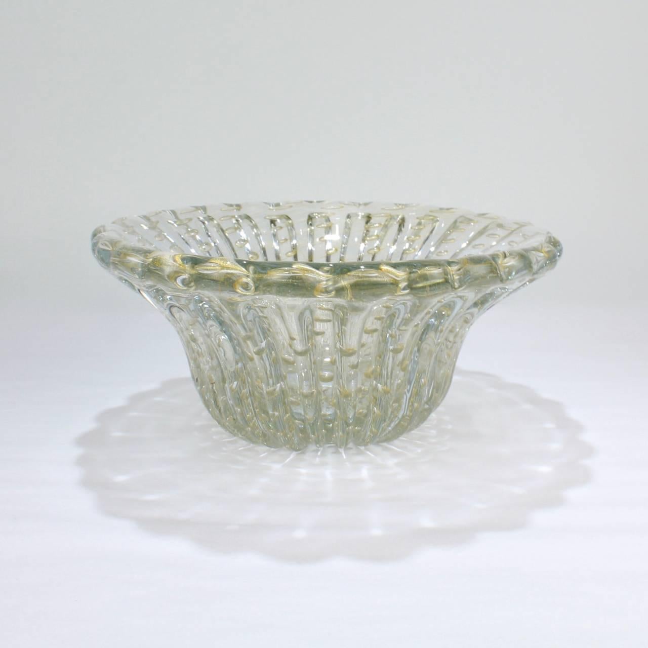 Mid-Century Modern Large Midcentury Ribbed Barovier Bullicante Clear & Gold Murano Art Glass Bowl