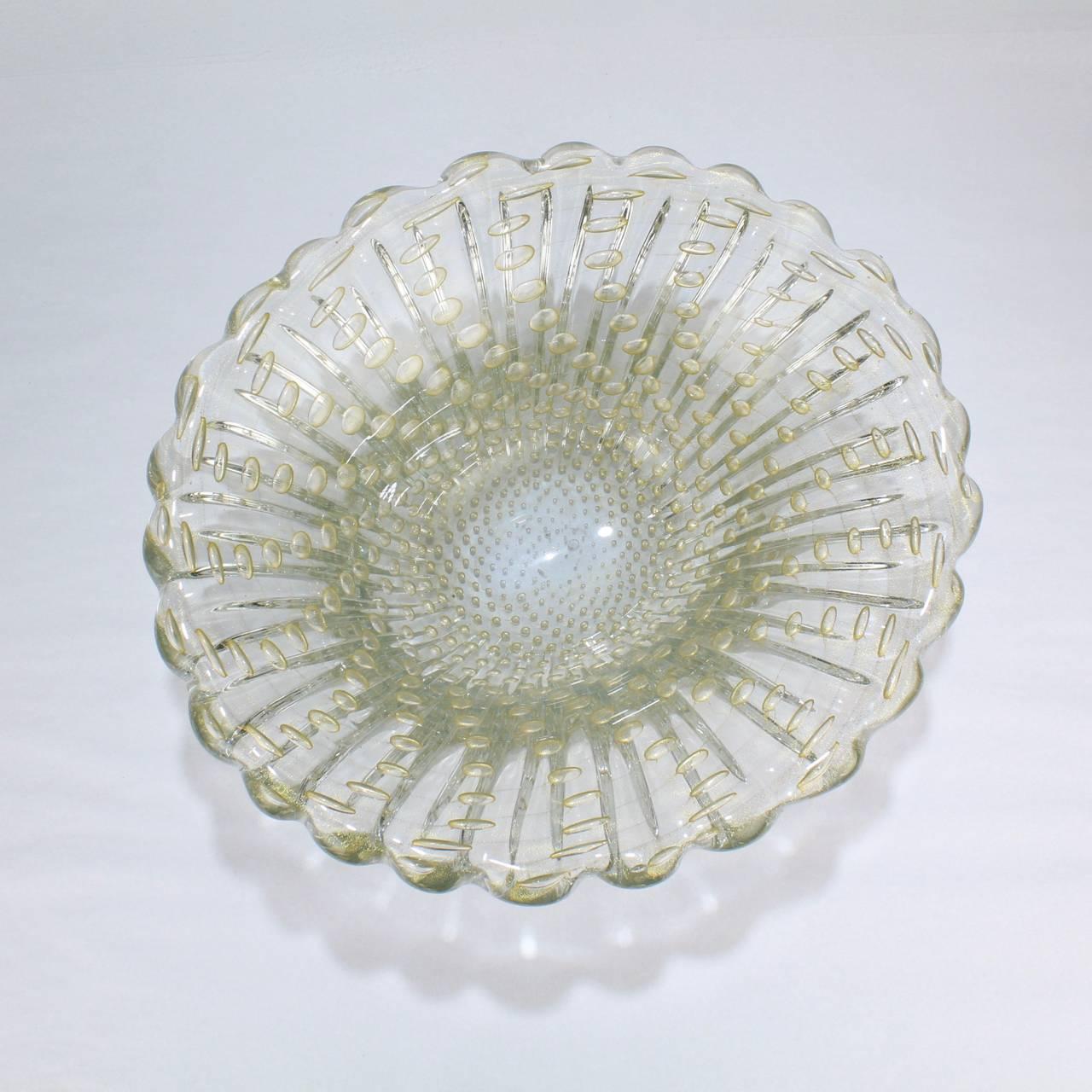 Large Midcentury Ribbed Barovier Bullicante Clear & Gold Murano Art Glass Bowl In Good Condition In Philadelphia, PA