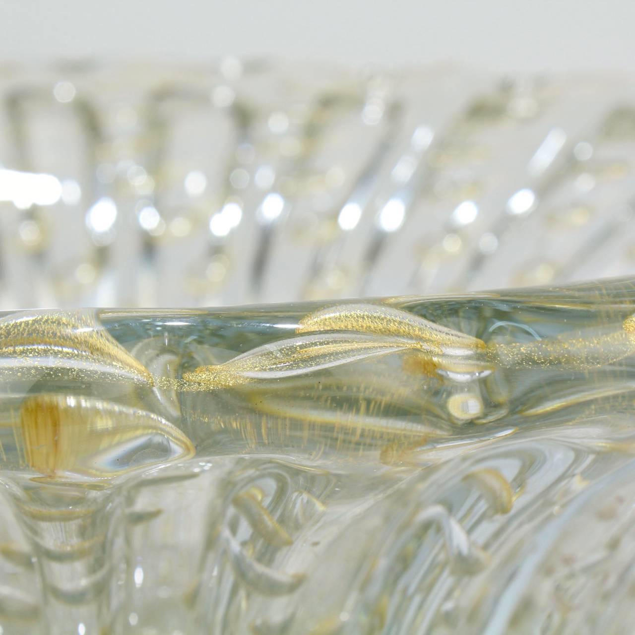 Large Midcentury Ribbed Barovier Bullicante Clear & Gold Murano Art Glass Bowl 2