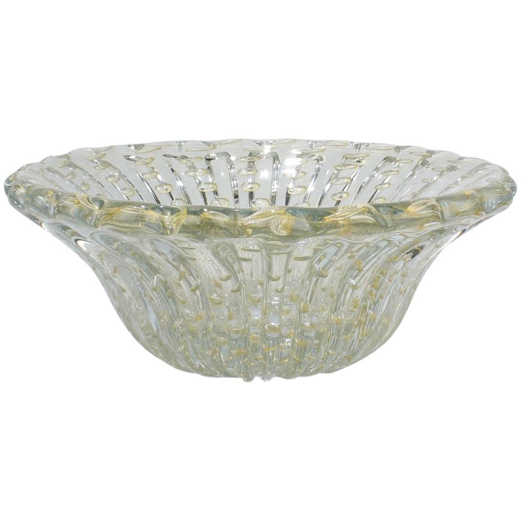 Large Midcentury Ribbed Barovier Bullicante Clear 
Gold Murano Art Glass Bowl