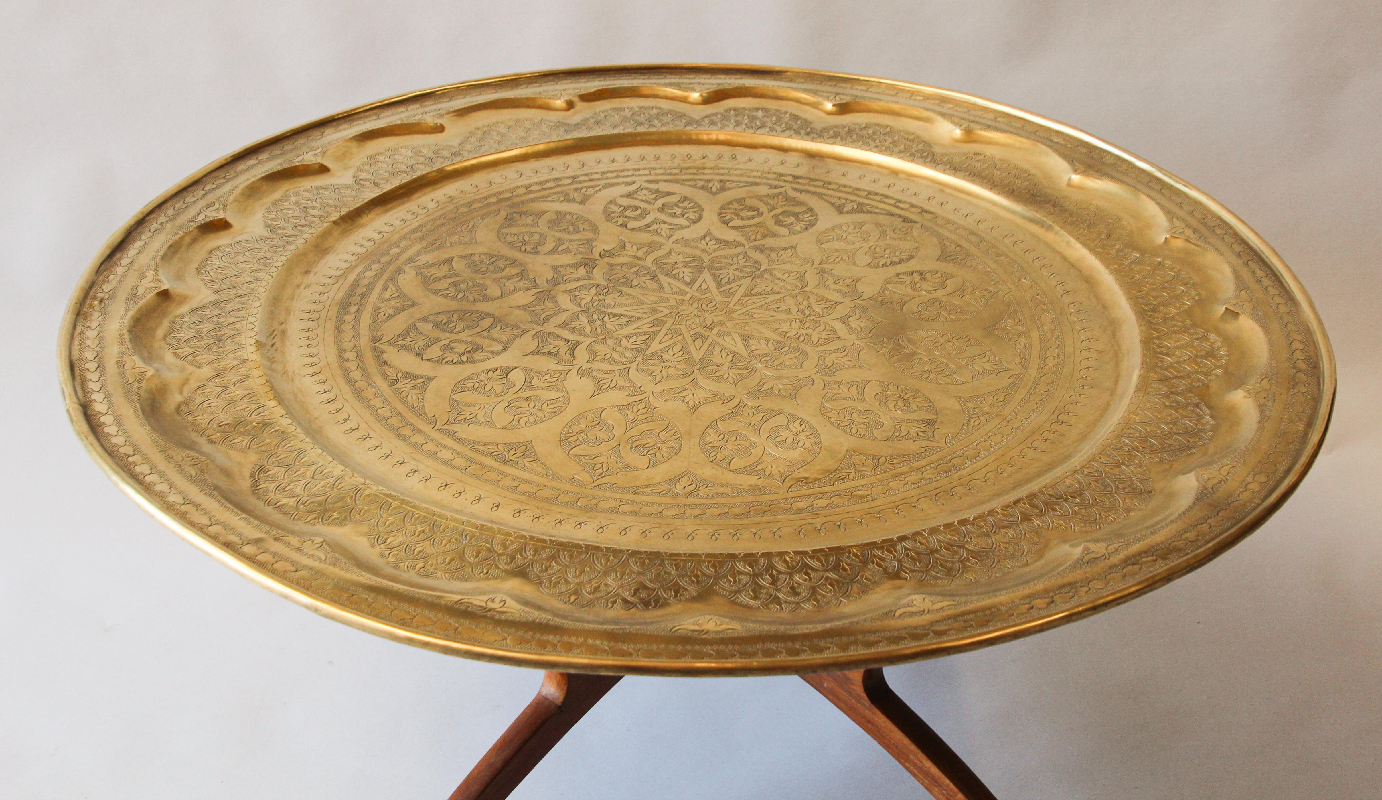 Large Moroccan Moorish Round Brass Tray Table on Folding Stand 3