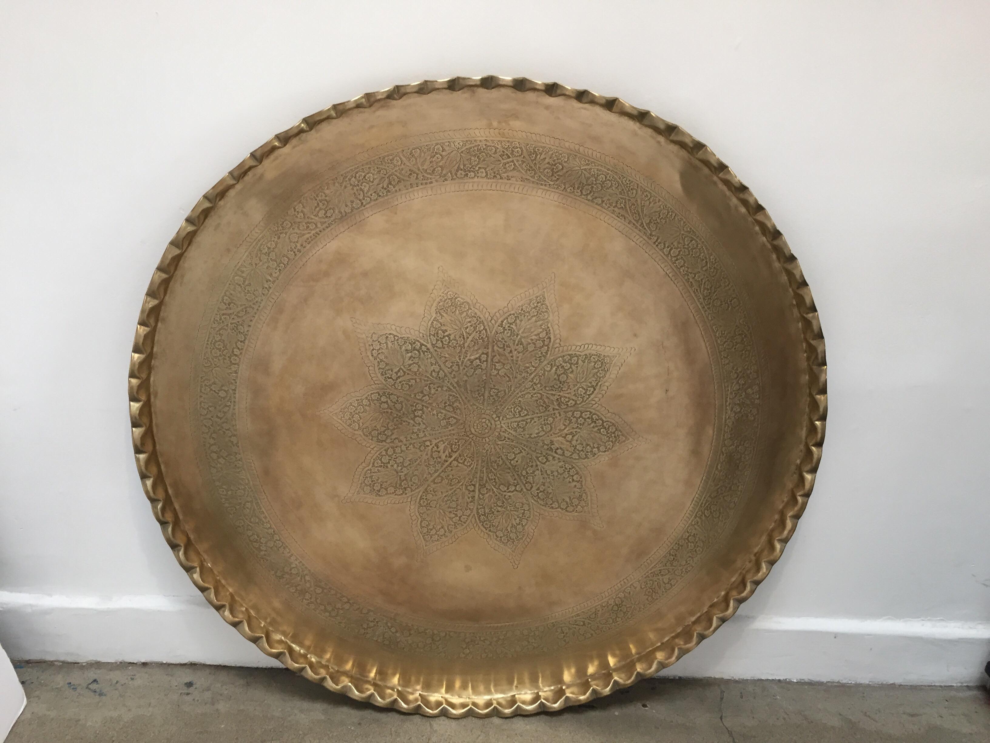 Large Midcentury Round Brass Tray Table on Folding Stand 7