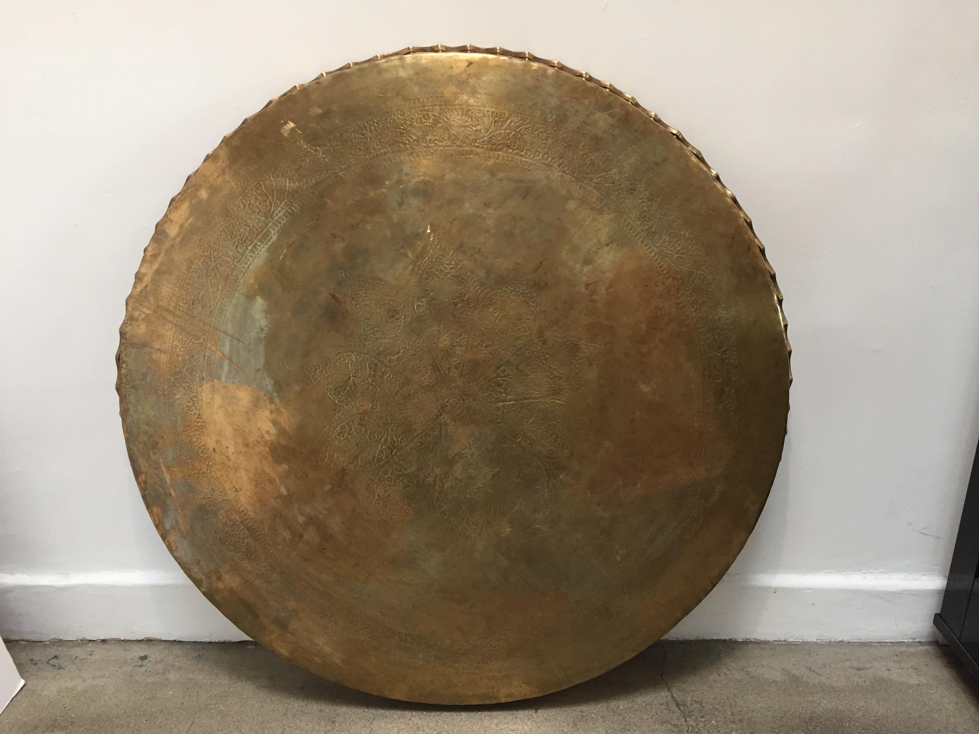 Large Midcentury Round Brass Tray Table on Folding Stand 8