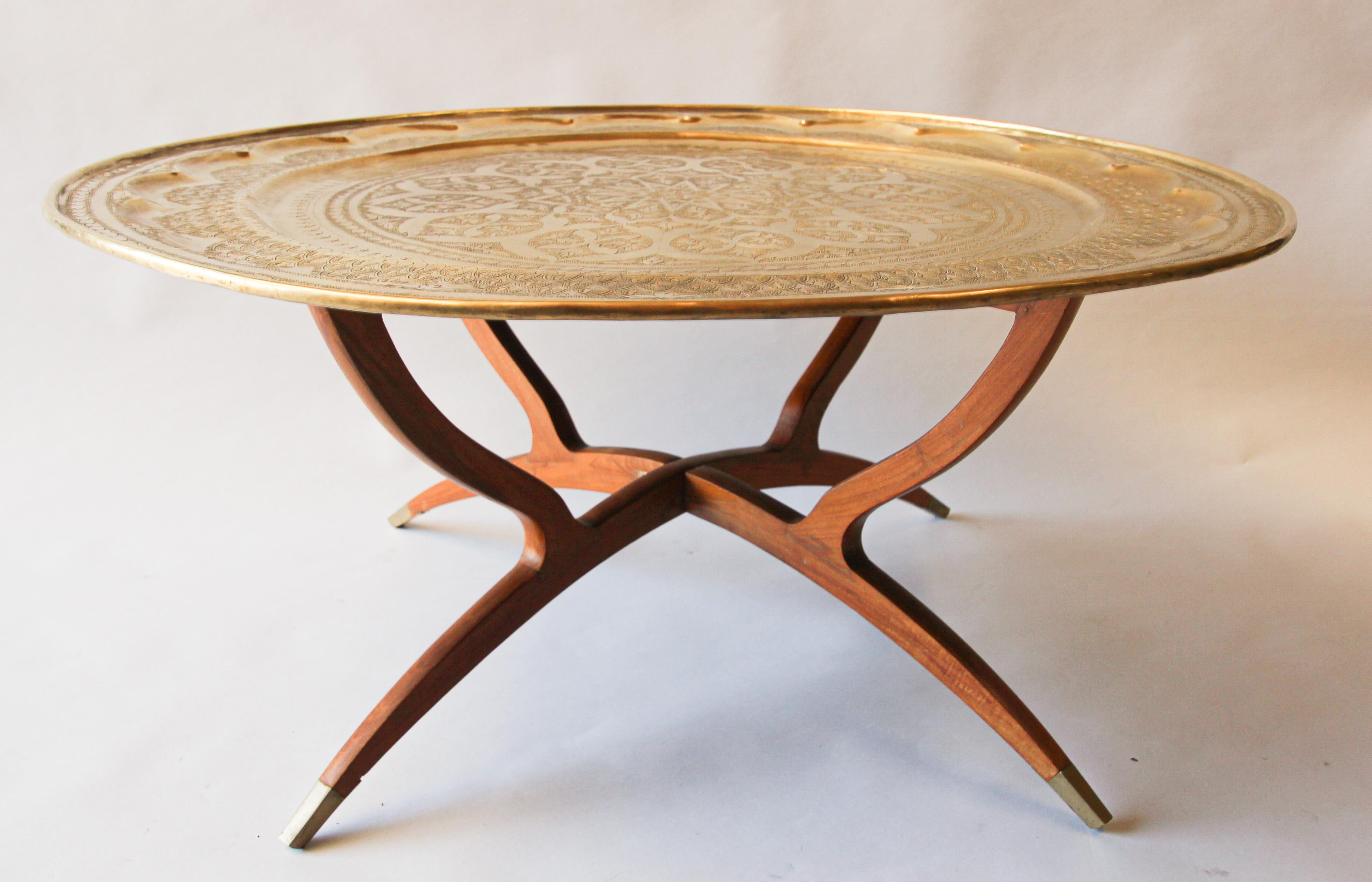 Large Moroccan Moorish Round Brass Tray Table on Folding Stand 8