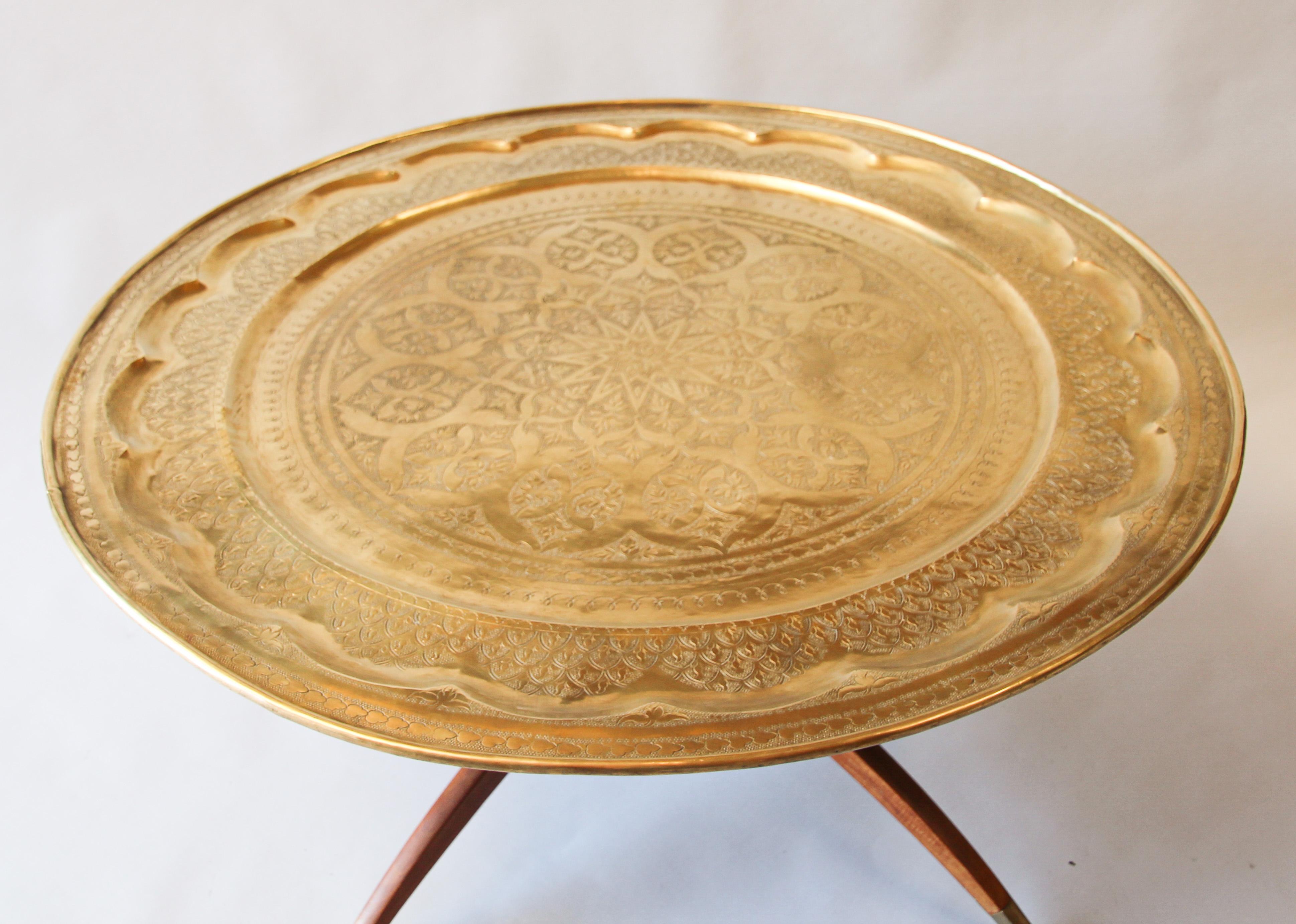 Large Moroccan Moorish Round Brass Tray Table on Folding Stand 9