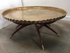 Large Midcentury Round Brass Tray Table on Folding Stand