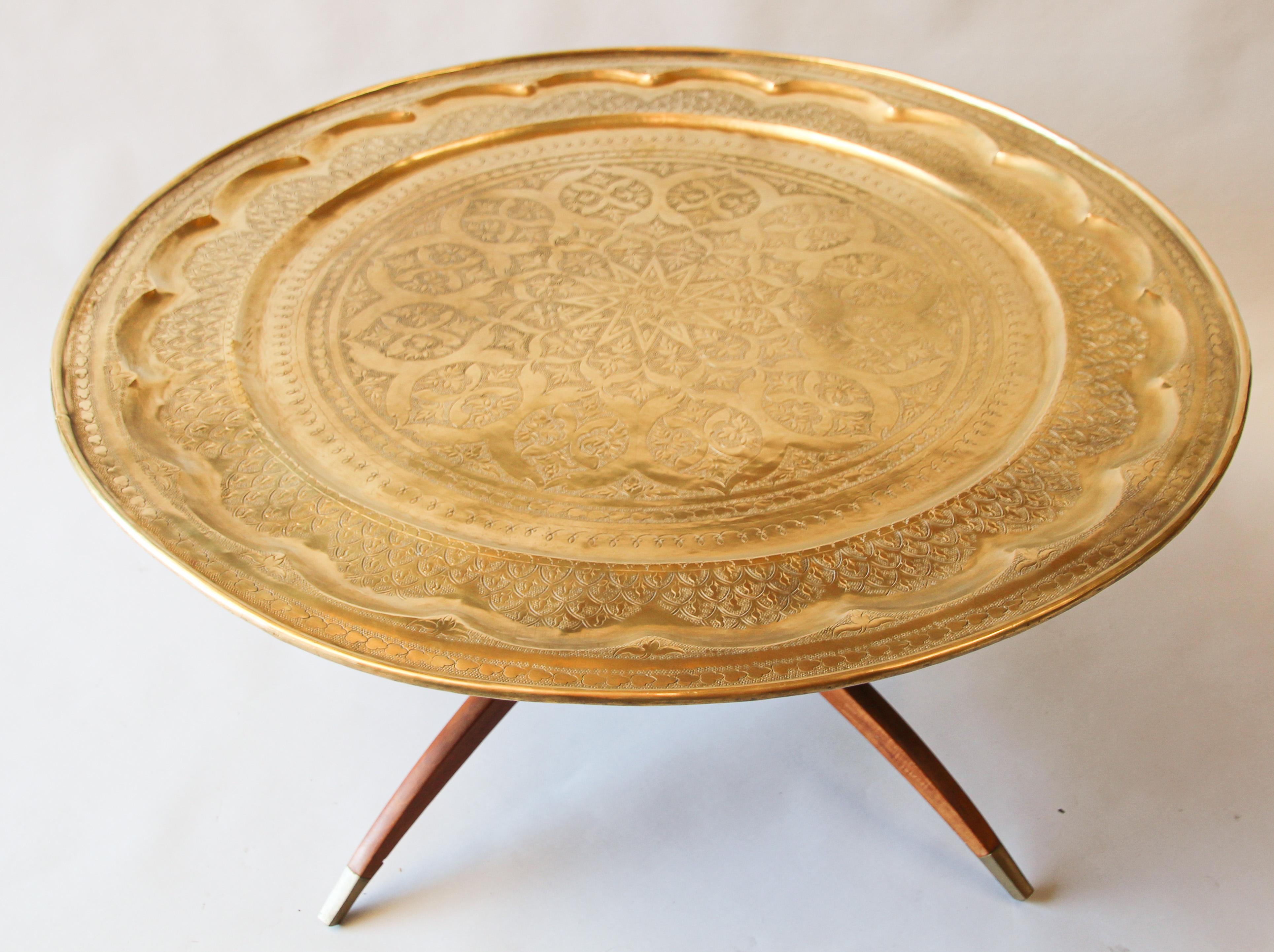 Large Moroccan Moorish Round Brass Tray Table on Folding Stand 13
