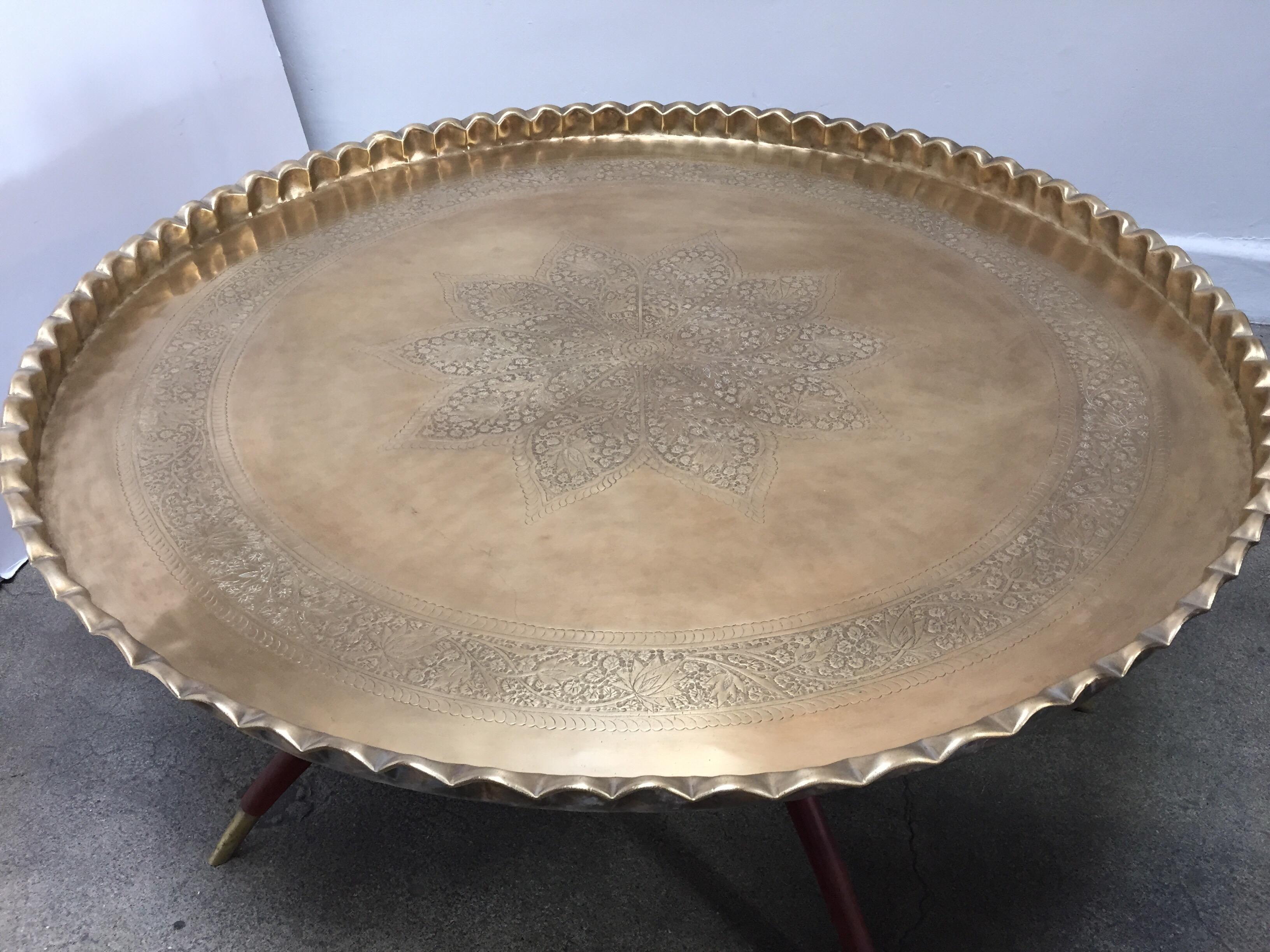 Indian Large Midcentury Round Brass Tray Table on Folding Stand