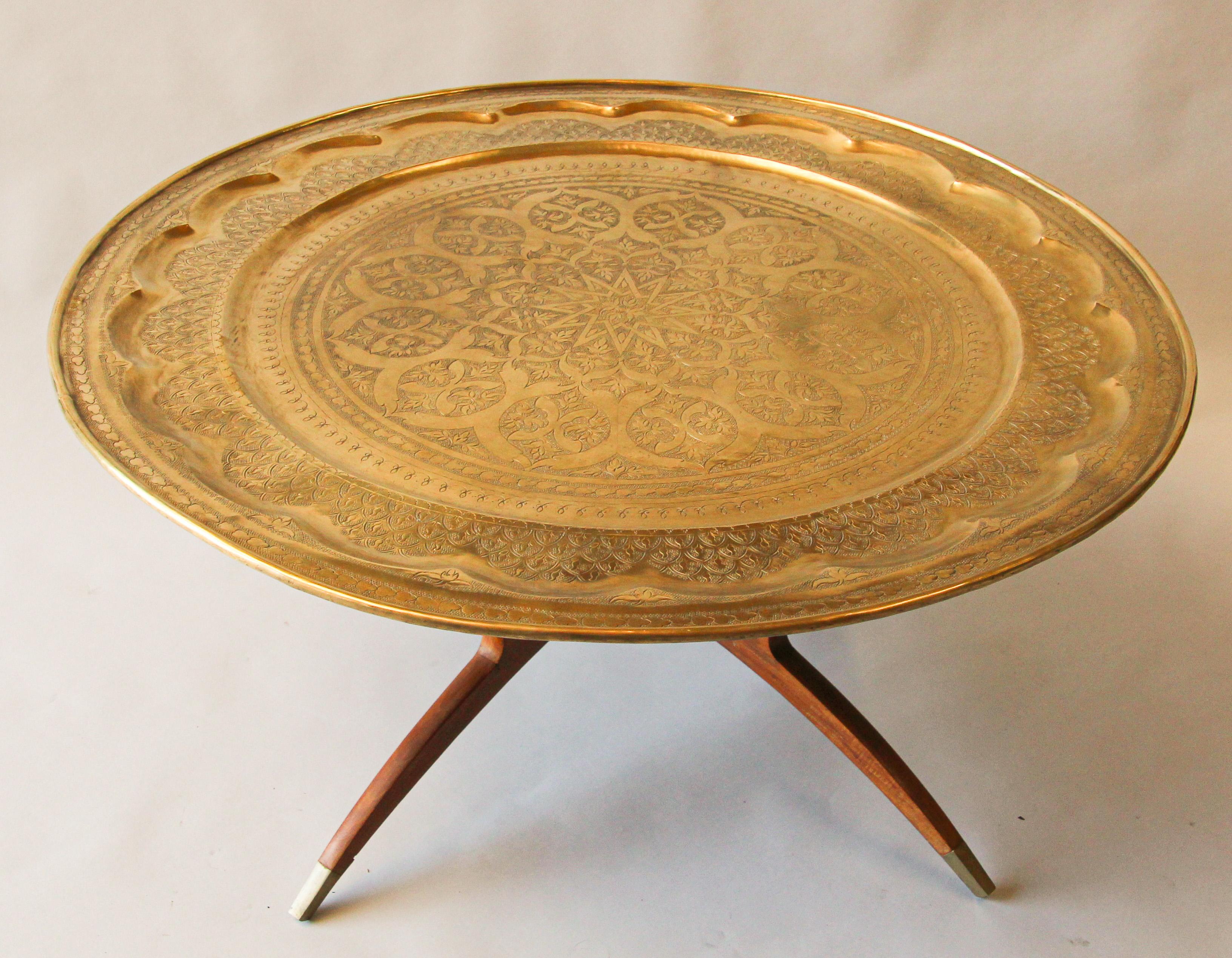 Hammered Large Moroccan Moorish Round Brass Tray Table on Folding Stand