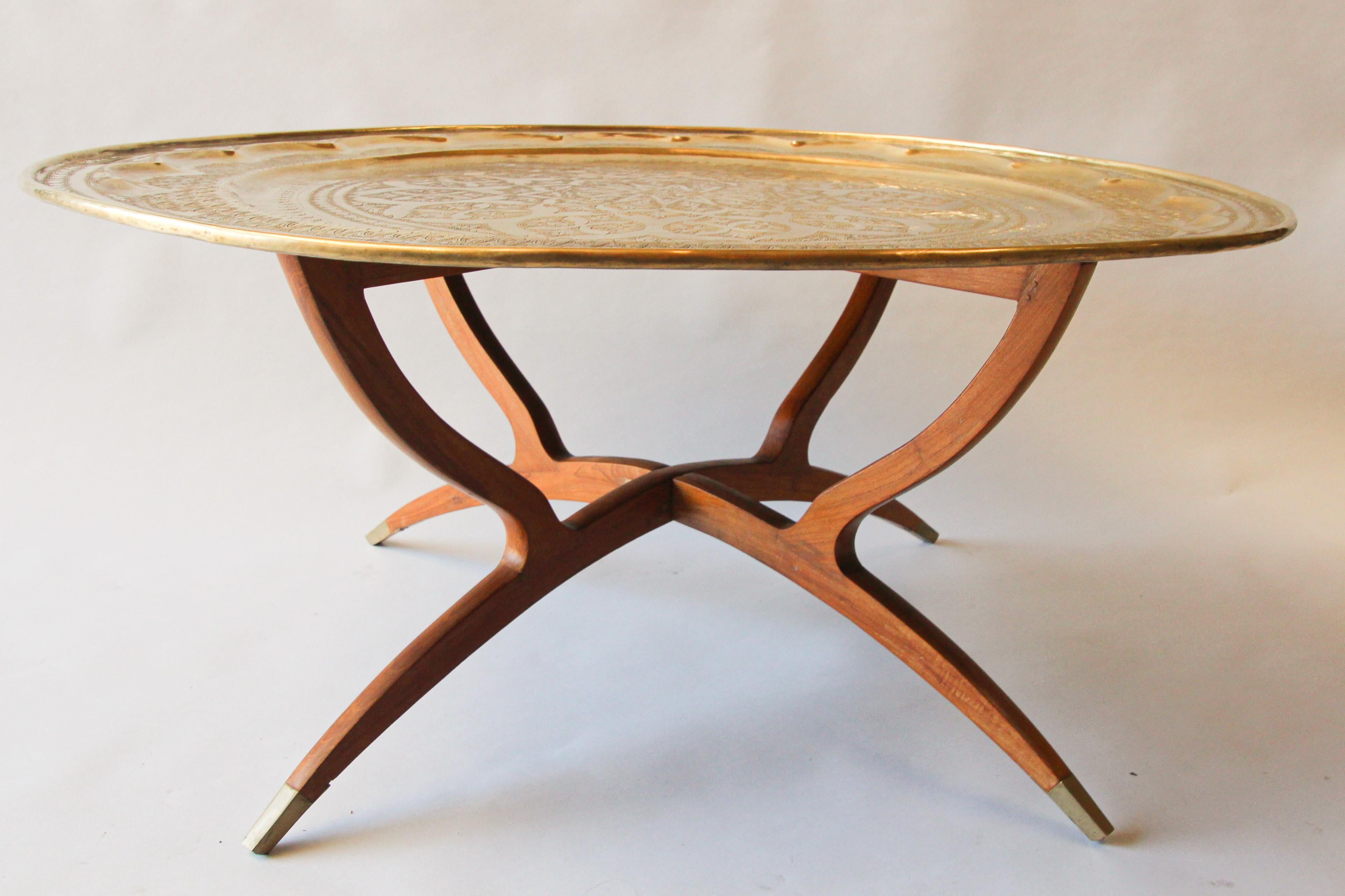 Mid-20th Century Large Moroccan Moorish Round Brass Tray Table on Folding Stand