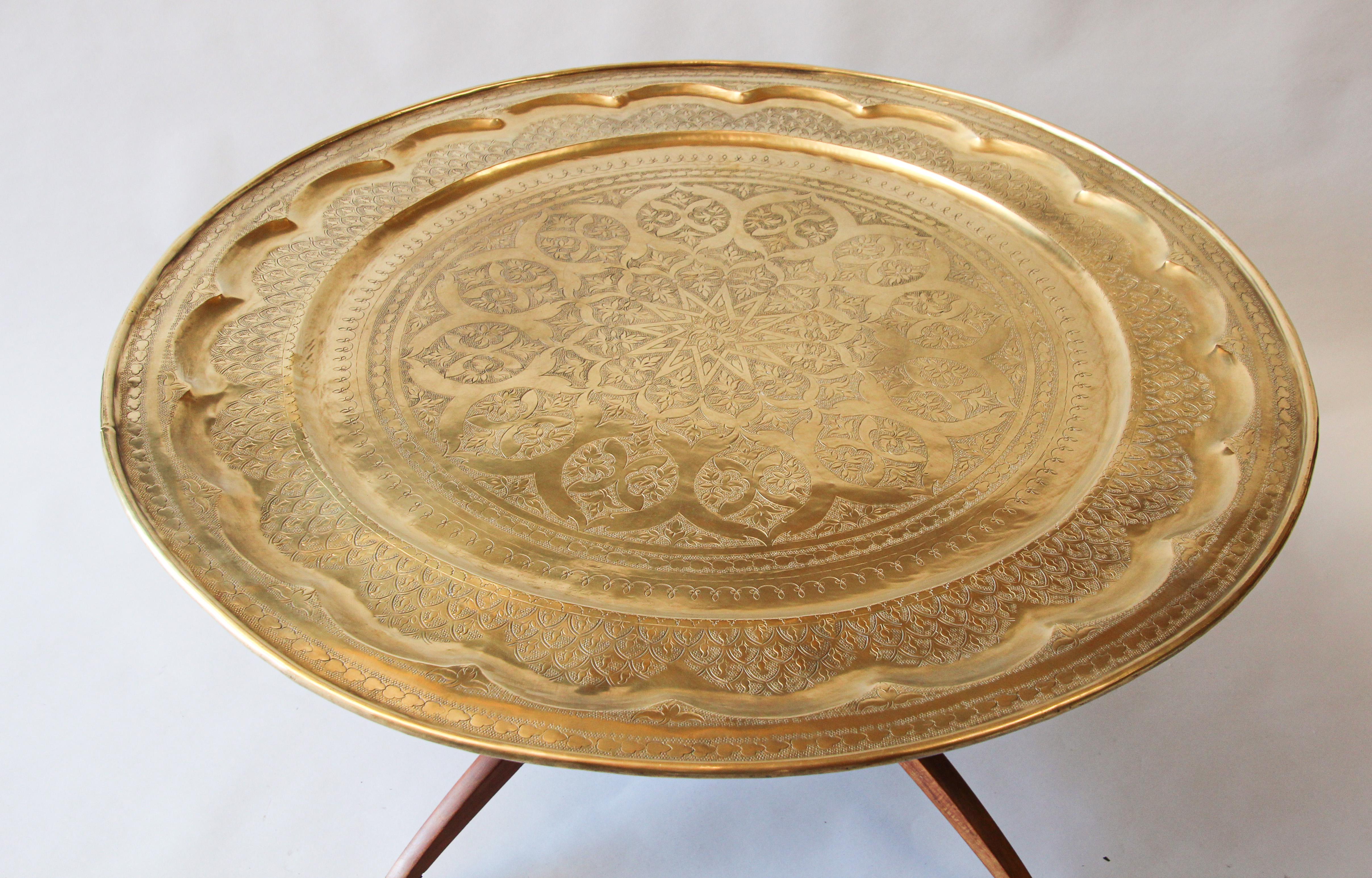 Large Moroccan Moorish Round Brass Tray Table on Folding Stand 1