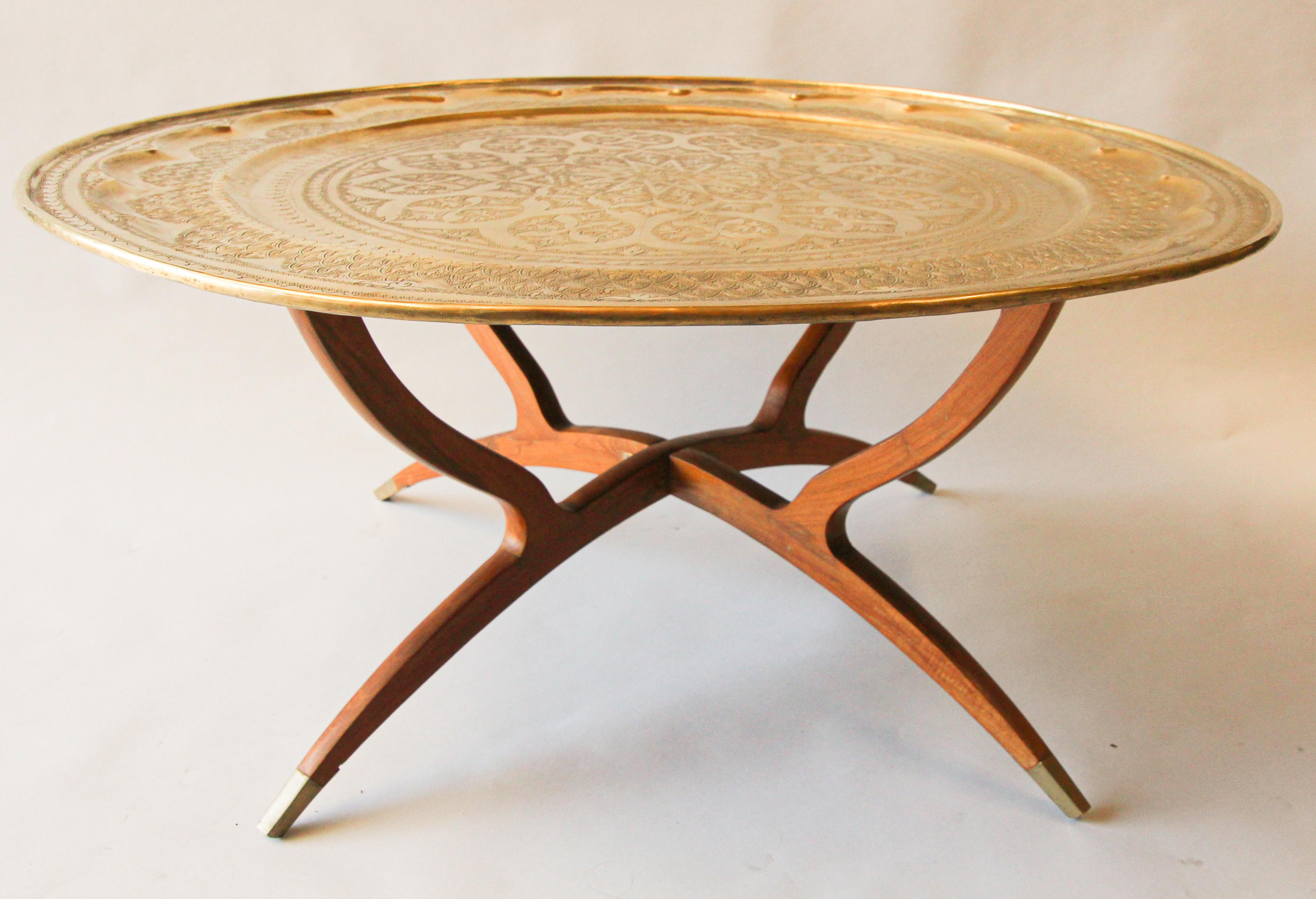 Large Moroccan Moorish Round Brass Tray Table on Folding Stand 2