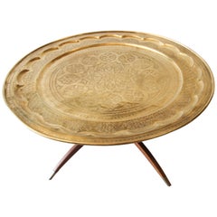 Vintage Large Moroccan Moorish Round Brass Tray Table on Folding Stand