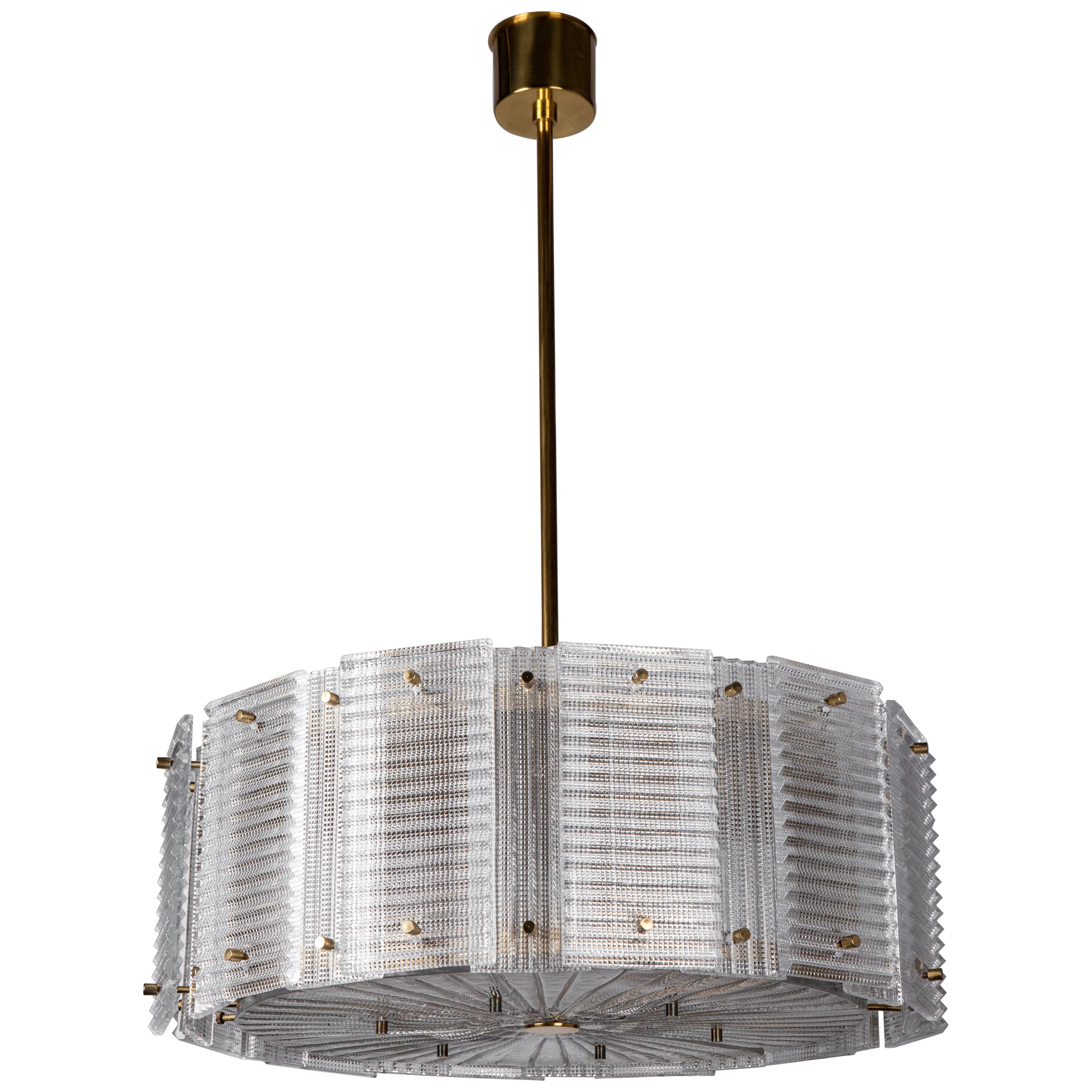 Large Midcentury Scandinavian Brass and Art Glass Pendant Attributed to Orrefors