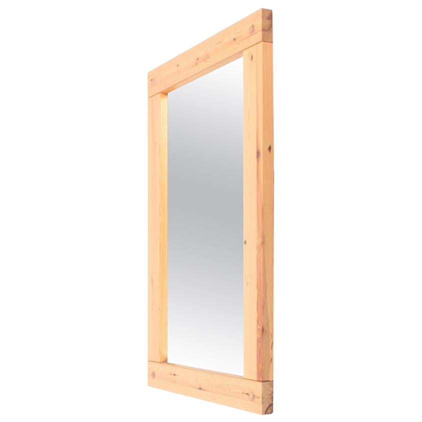 Large Midcentury Scandinavian Mirror in Solid Patinated Pine, 1970s For Sale