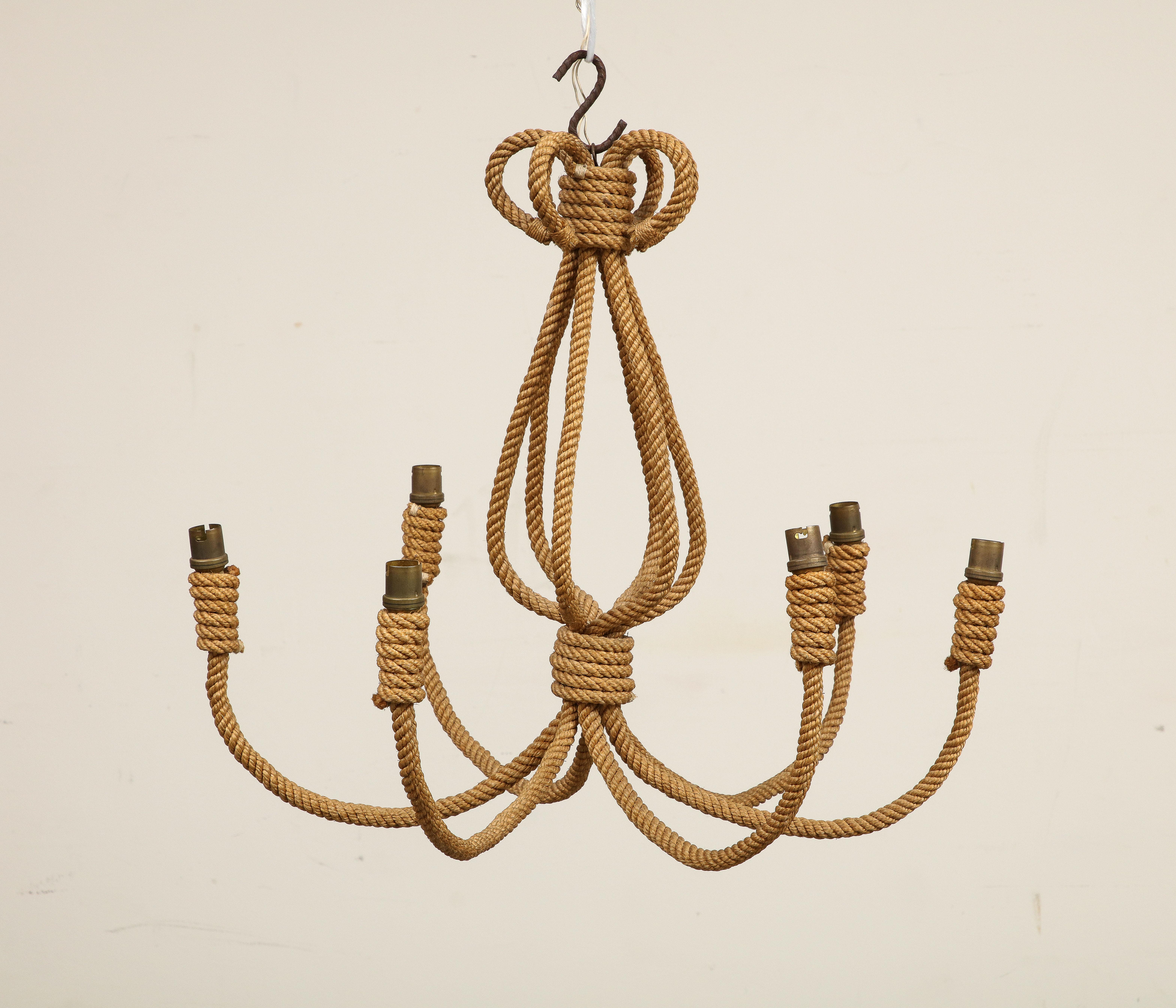 Mid-Century Modern Large Midcentury Six-Arm Rope Chandelier by Audoux Minet, circa 1960