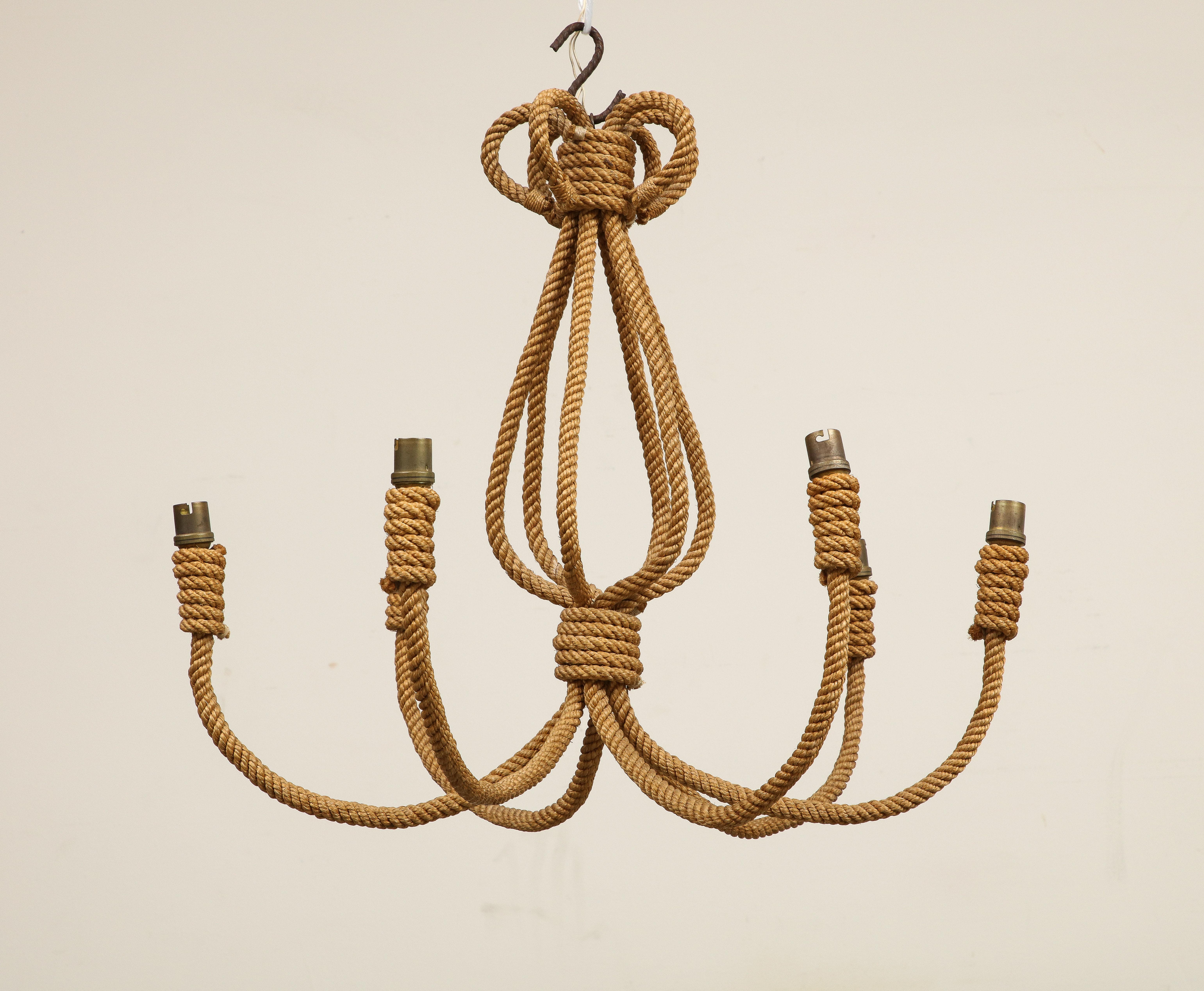 French Large Midcentury Six-Arm Rope Chandelier by Audoux Minet, circa 1960