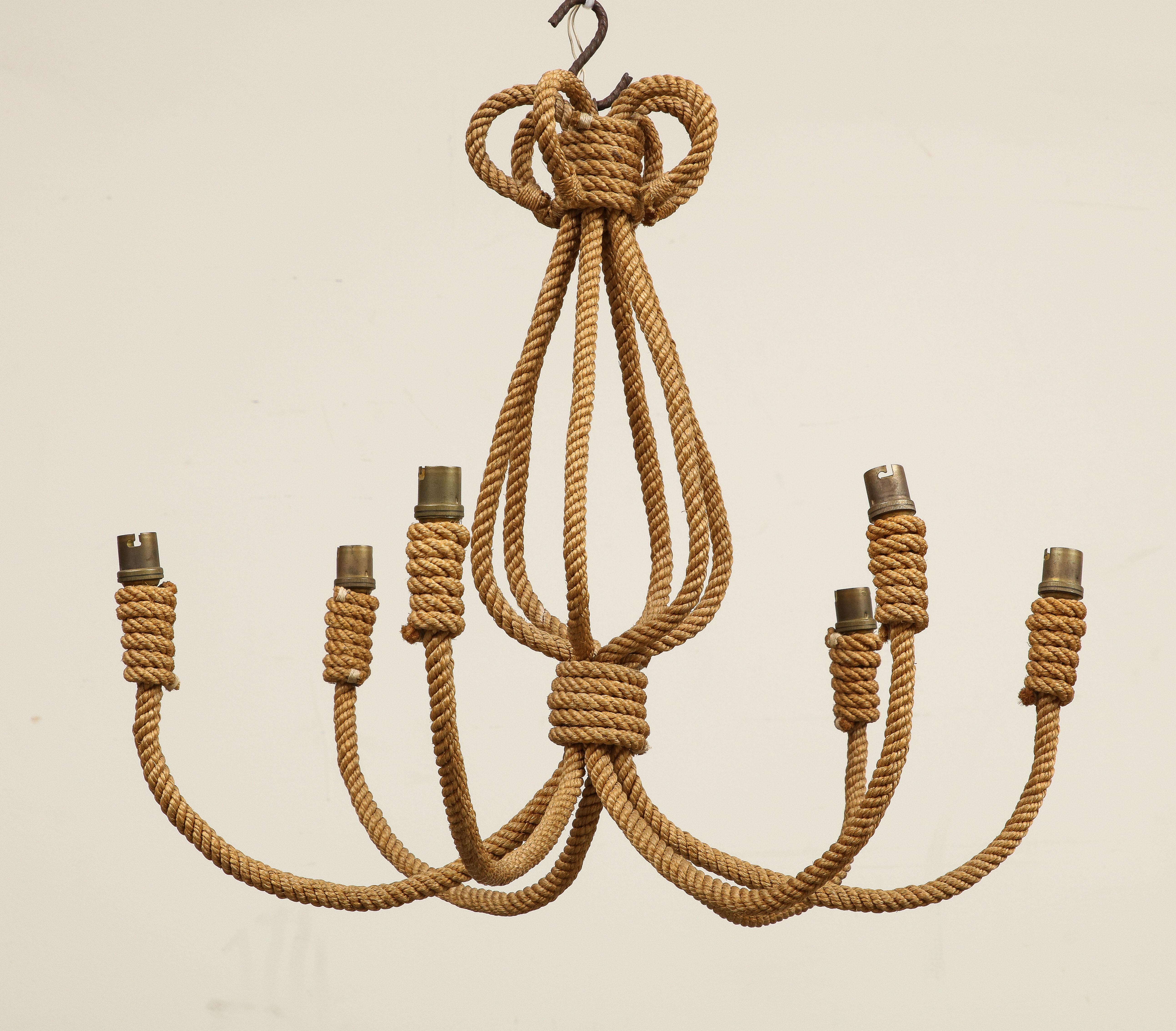 Large Midcentury Six-Arm Rope Chandelier by Audoux Minet, circa 1960 In Good Condition In Chicago, IL