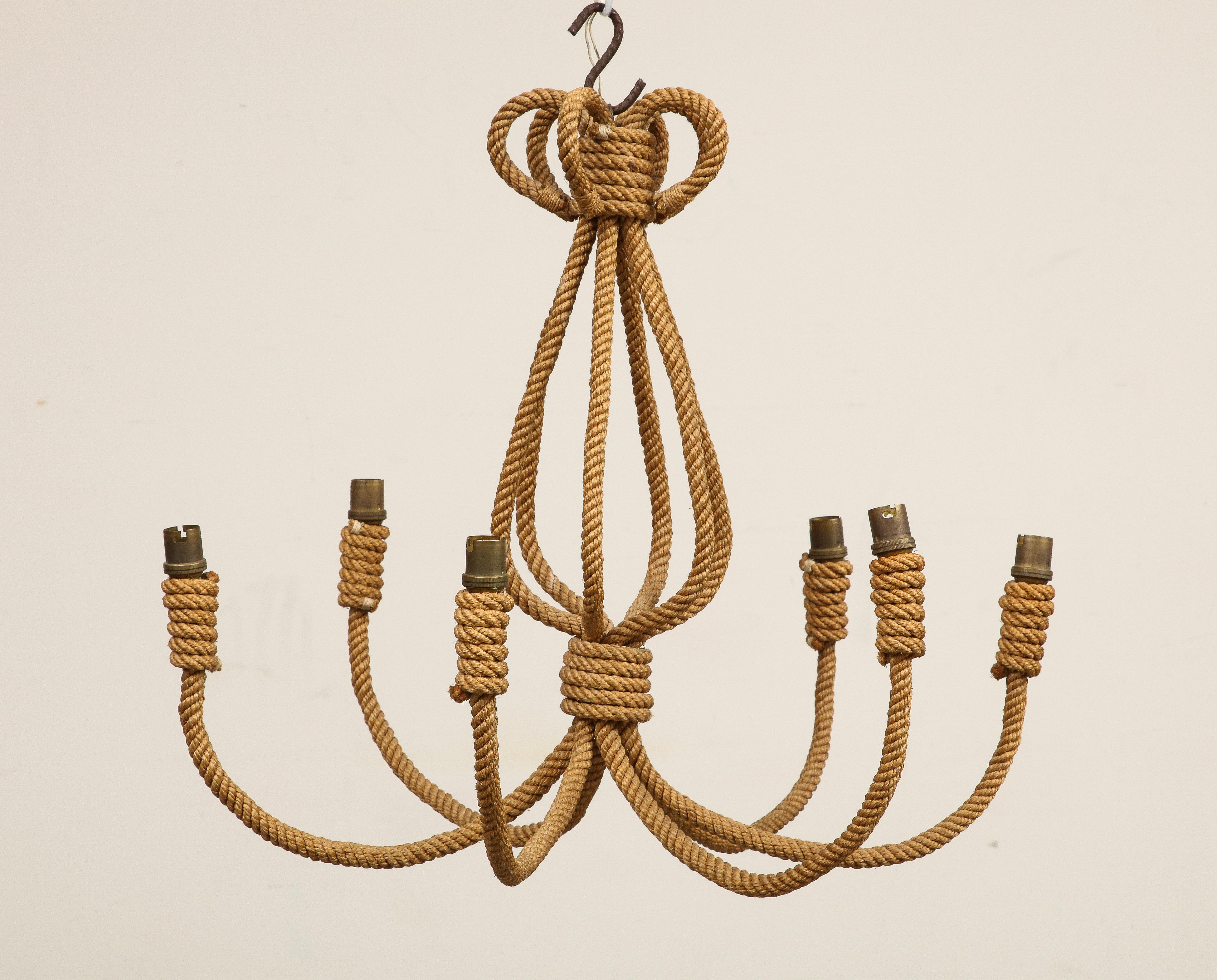 Mid-20th Century Large Midcentury Six-Arm Rope Chandelier by Audoux Minet, circa 1960