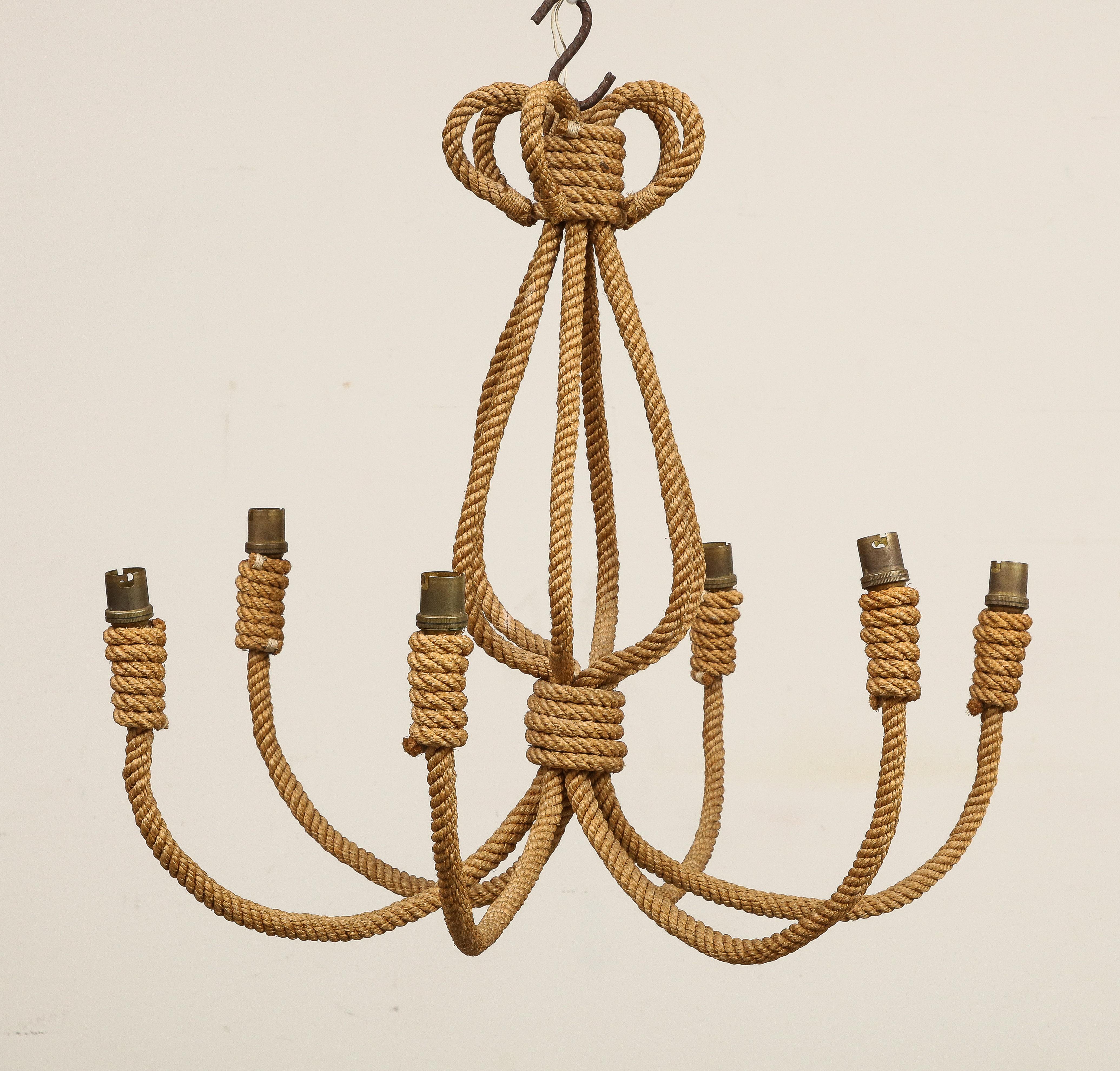 Large Midcentury Six-Arm Rope Chandelier by Audoux Minet, circa 1960 1