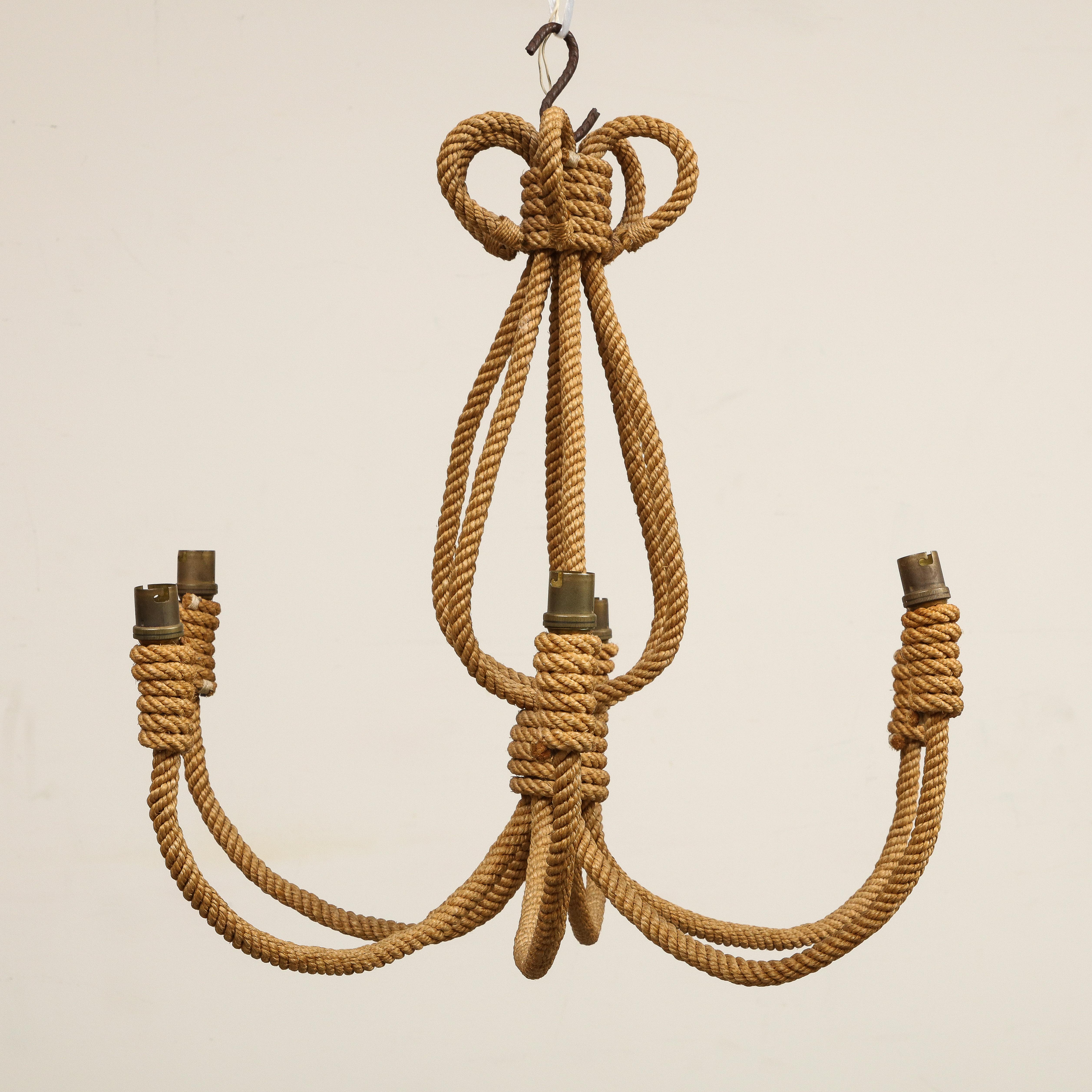Large Midcentury Six-Arm Rope Chandelier by Audoux Minet, circa 1960 2