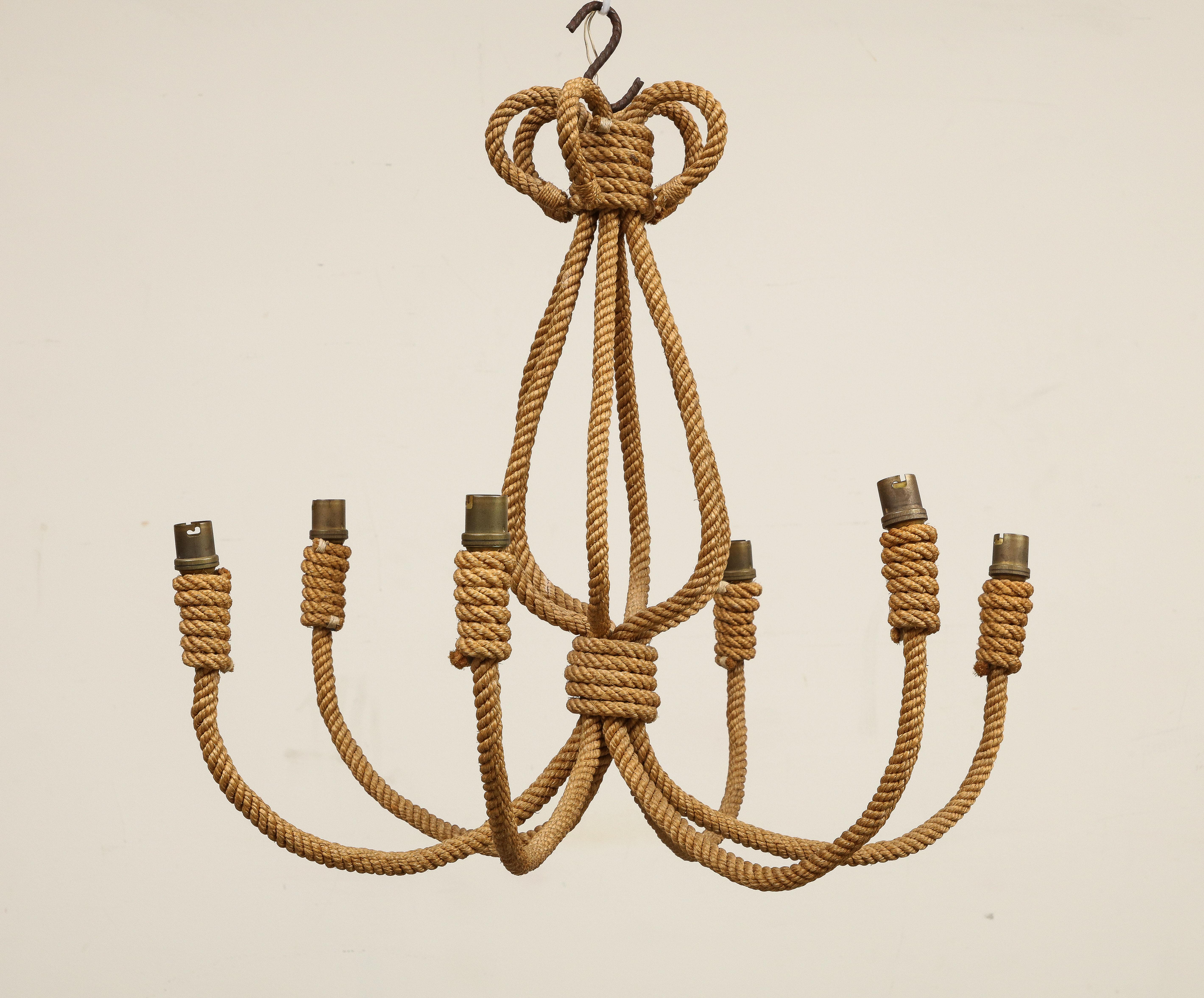 Large Midcentury Six-Arm Rope Chandelier by Audoux Minet, circa 1960 3
