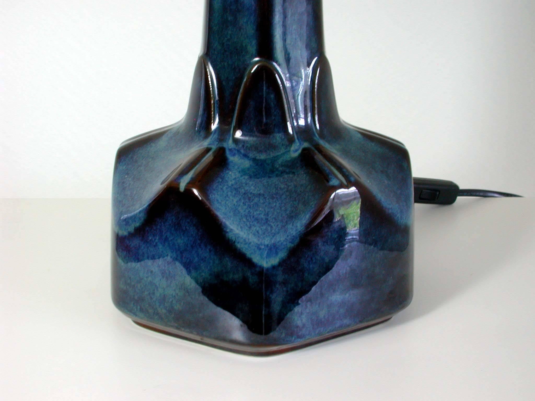 Large Midcentury Soholm Denmark Blue Pottery Table Lamp by Einar Johansen 1960s 2