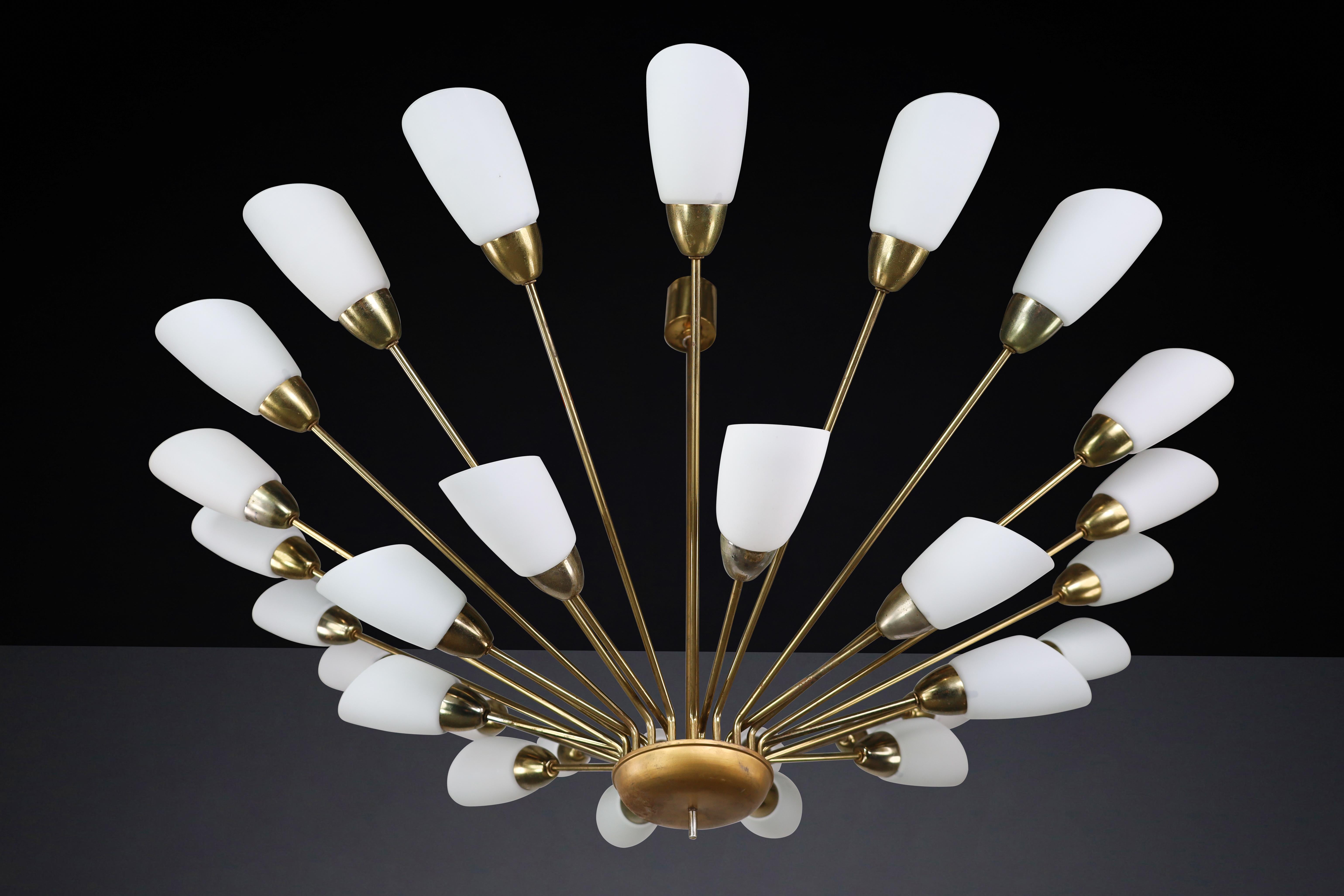 Large Midcentury Spider Form Sputnik Chandelier in Brass and 30 Glass Shade, Germany 1950s

This large Sputnik chandelier is a one-of-a-kind midcentury modern piece with a sculptural spider form design on a brass frame. It has 30 (E27) sockets and