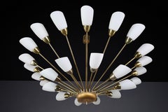 Large Midcentury Spider Form Sputnik Chandelier in Brass and  30 Opaline Shades