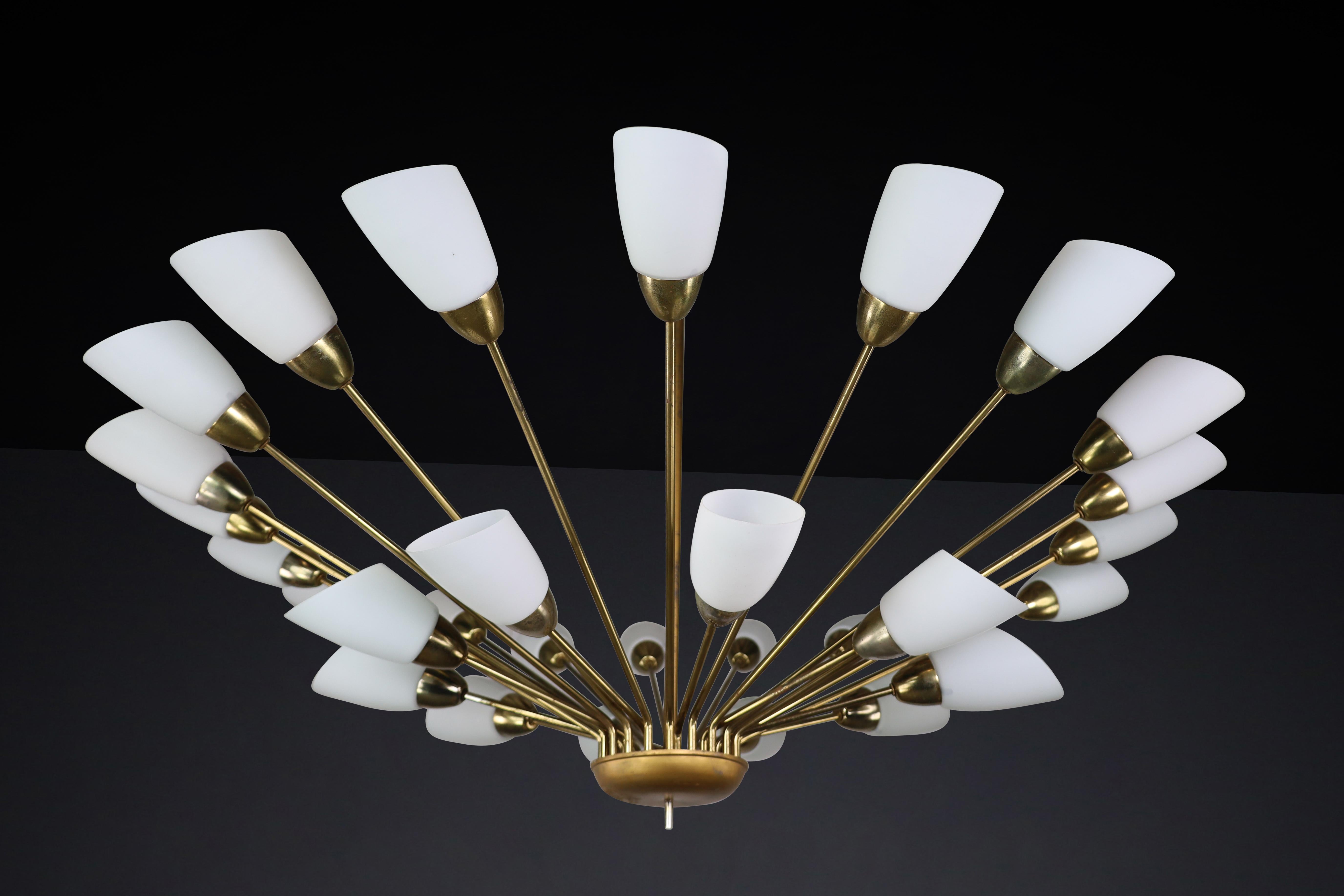 Mid-20th Century Large Midcentury Spider Form Sputnik Chandelier in Brass and  30 Opaline Shades For Sale