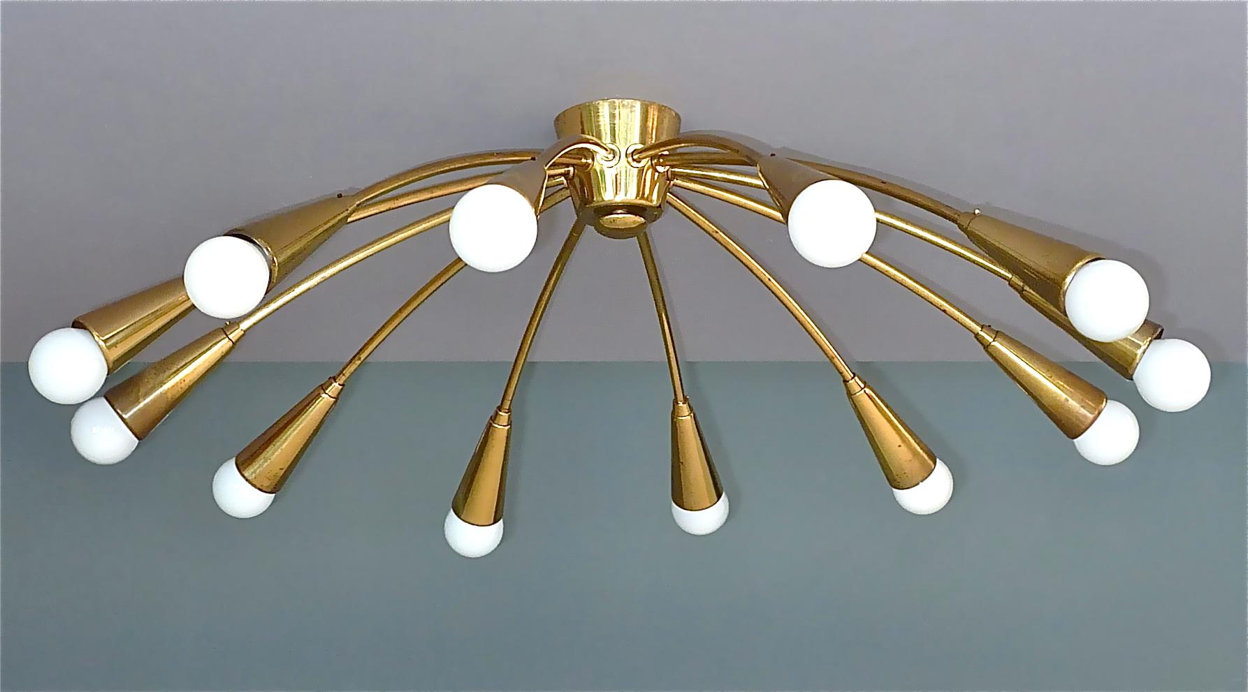 Large Midcentury Sputnik Flushmount Brass Ceiling Lamp Kaiser Kalmar Stilnovo 4