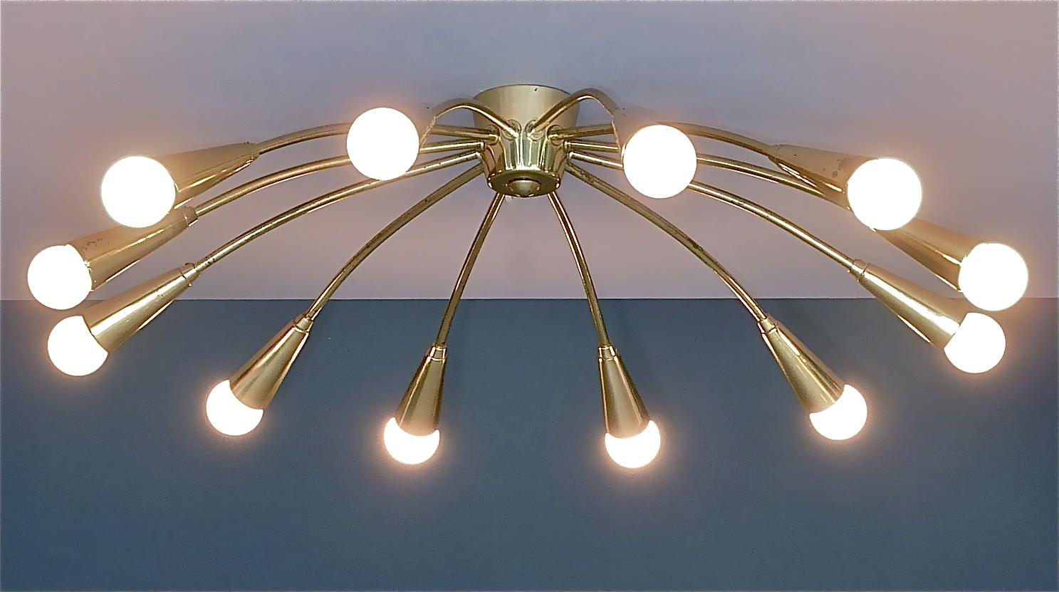 Large Midcentury Sputnik Flush Mount Brass Ceiling Lamp Kaiser Kalmar Stilnovo For Sale 6
