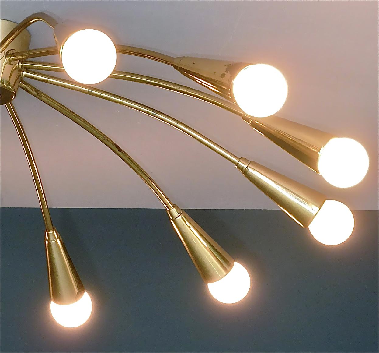 Large Midcentury Sputnik Flush Mount Brass Ceiling Lamp Kaiser Kalmar Stilnovo For Sale 7