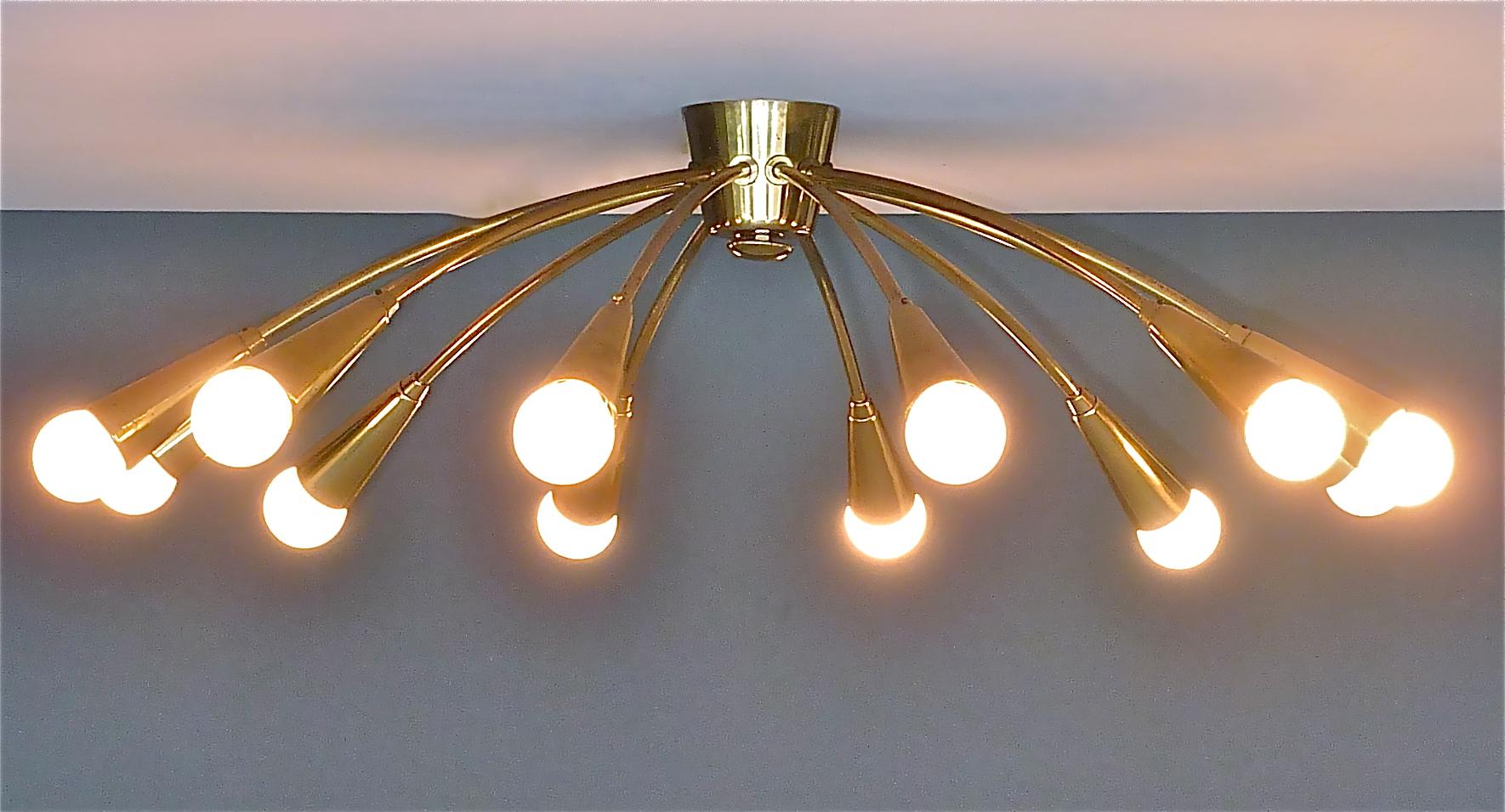 Large Midcentury Sputnik Flushmount Brass Ceiling Lamp Kaiser Kalmar Stilnovo 10