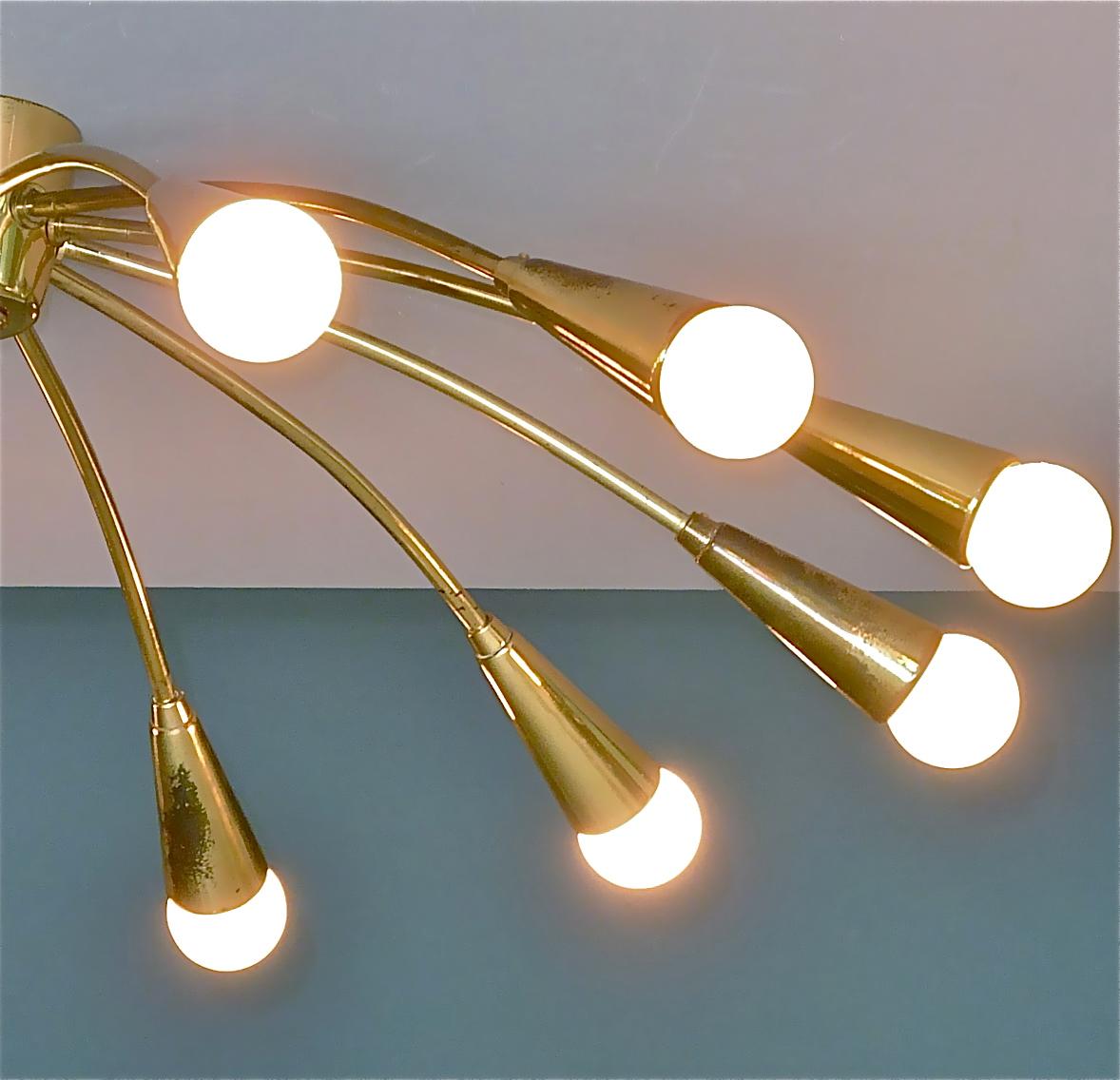 Large Midcentury Sputnik Flush Mount Brass Ceiling Lamp Kaiser Kalmar Stilnovo For Sale 9