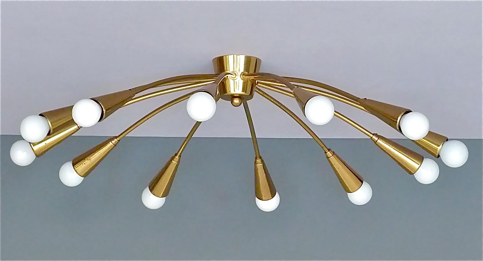 Large Midcentury Sputnik Flush Mount Brass Ceiling Lamp Kaiser Kalmar Stilnovo 12