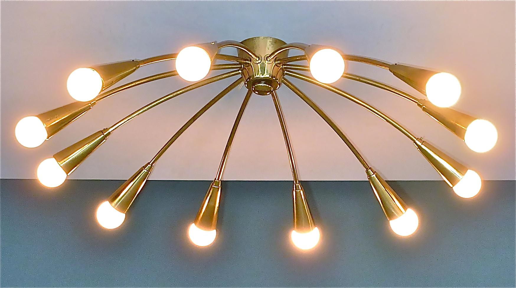 Large Midcentury Sputnik Flushmount Brass Ceiling Lamp Kaiser Kalmar Stilnovo 12