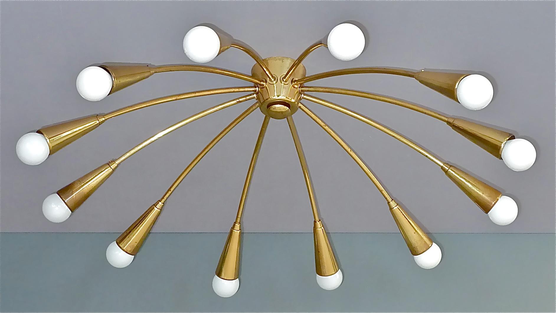 Large Midcentury Sputnik Flushmount Brass Ceiling Lamp Kaiser Kalmar Stilnovo 13