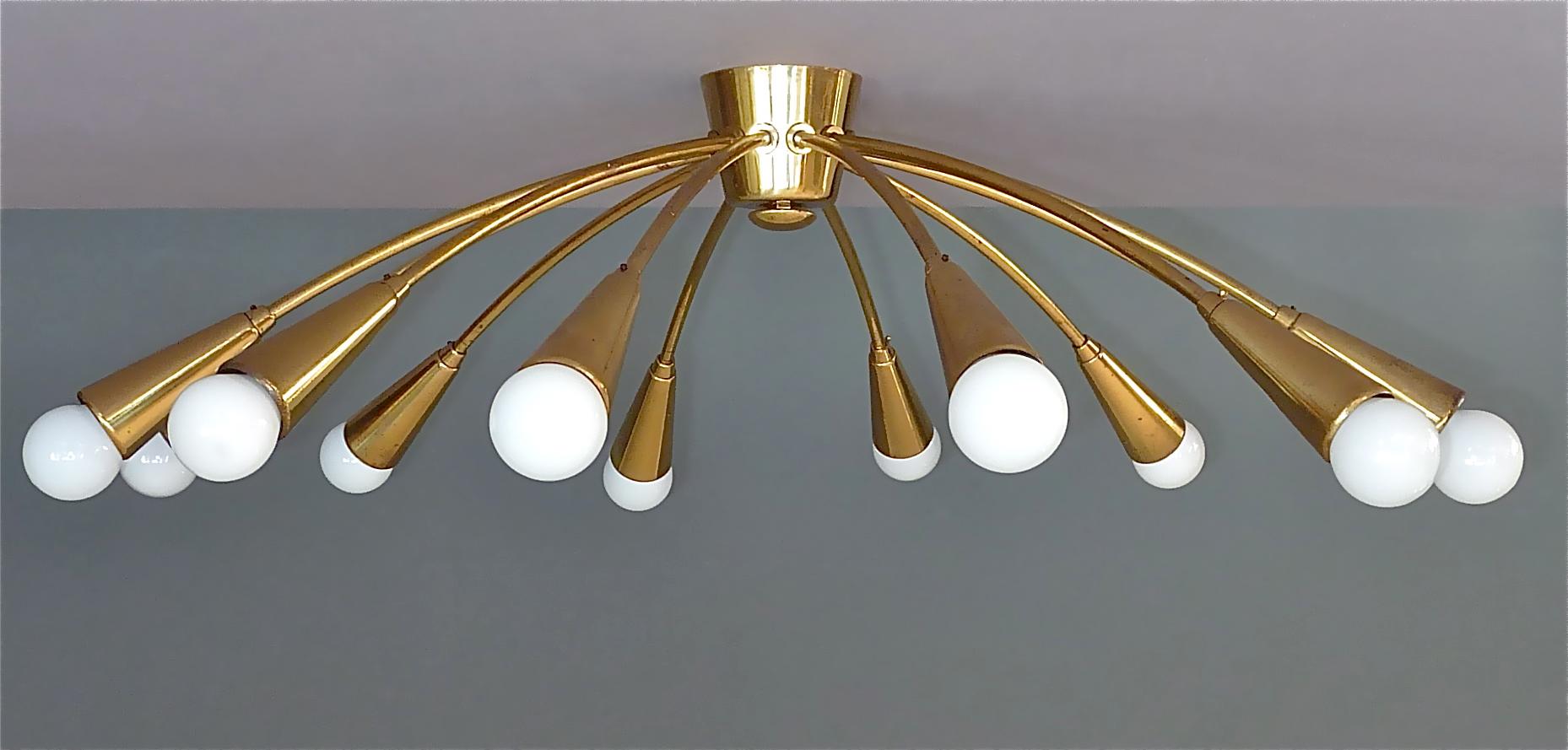 Patinated Large Midcentury Sputnik Flushmount Brass Ceiling Lamp Kaiser Kalmar Stilnovo