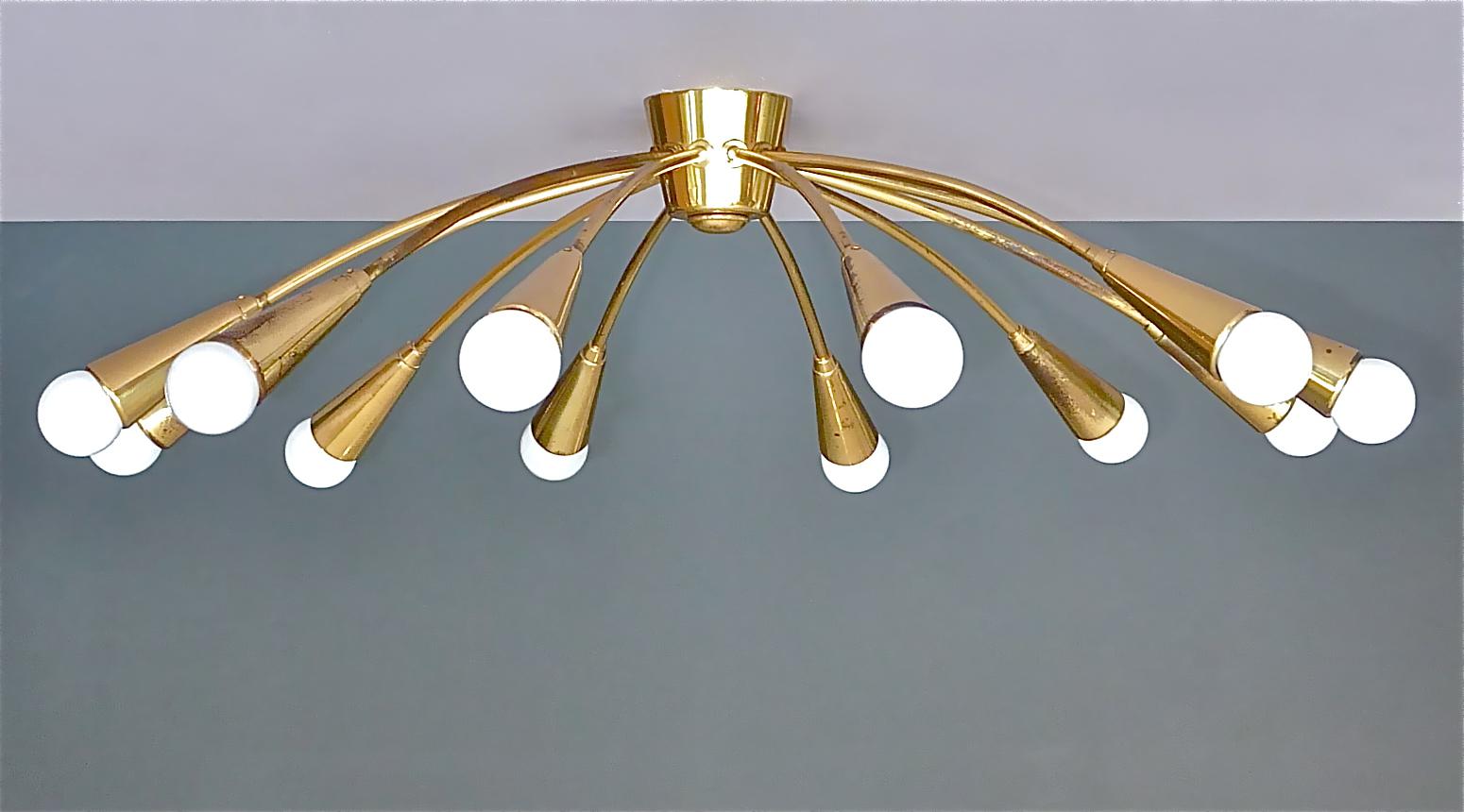 German Large Midcentury Sputnik Flush Mount Brass Ceiling Lamp Kaiser Kalmar Stilnovo For Sale