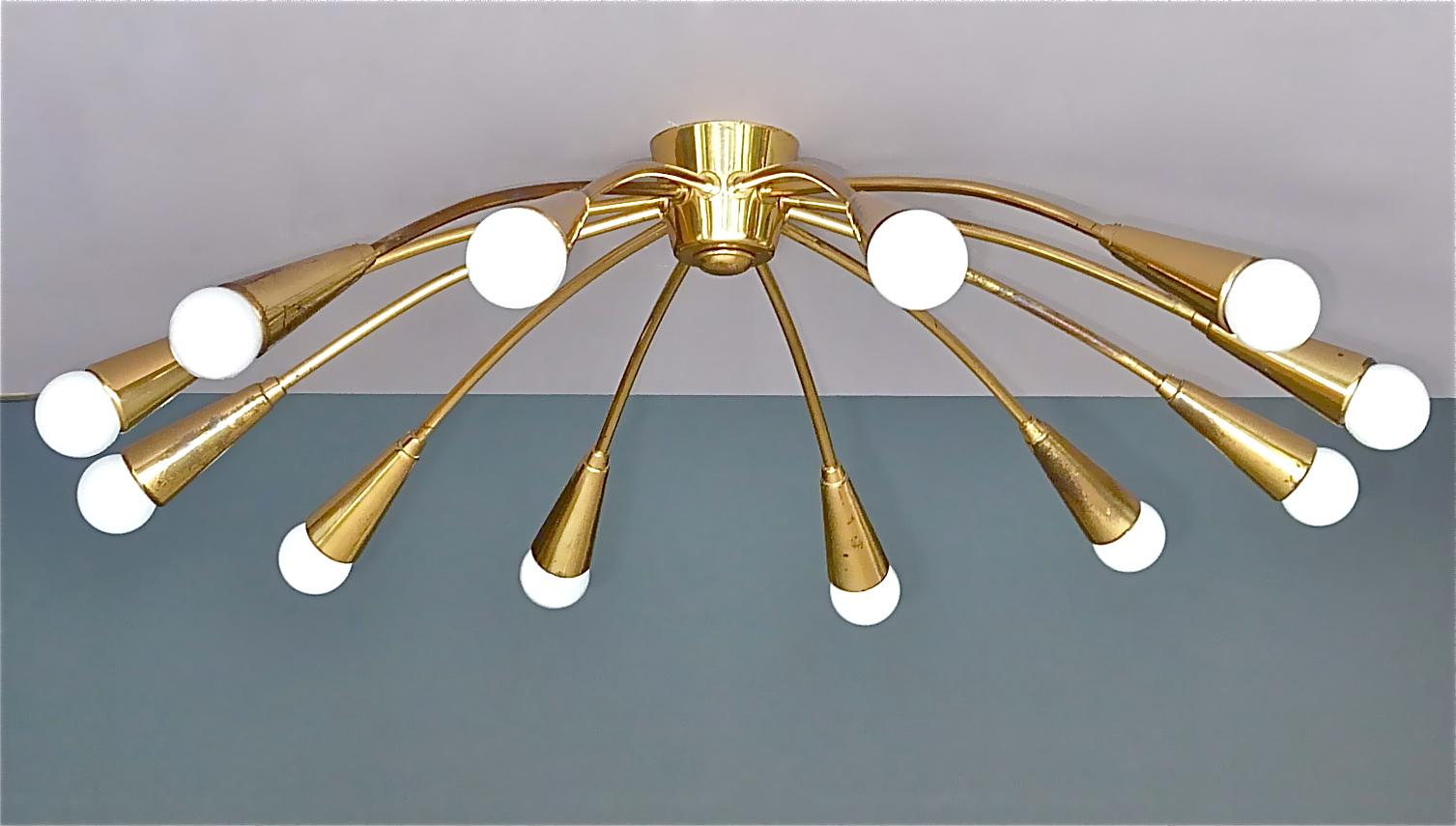 Patinated Large Midcentury Sputnik Flush Mount Brass Ceiling Lamp Kaiser Kalmar Stilnovo For Sale
